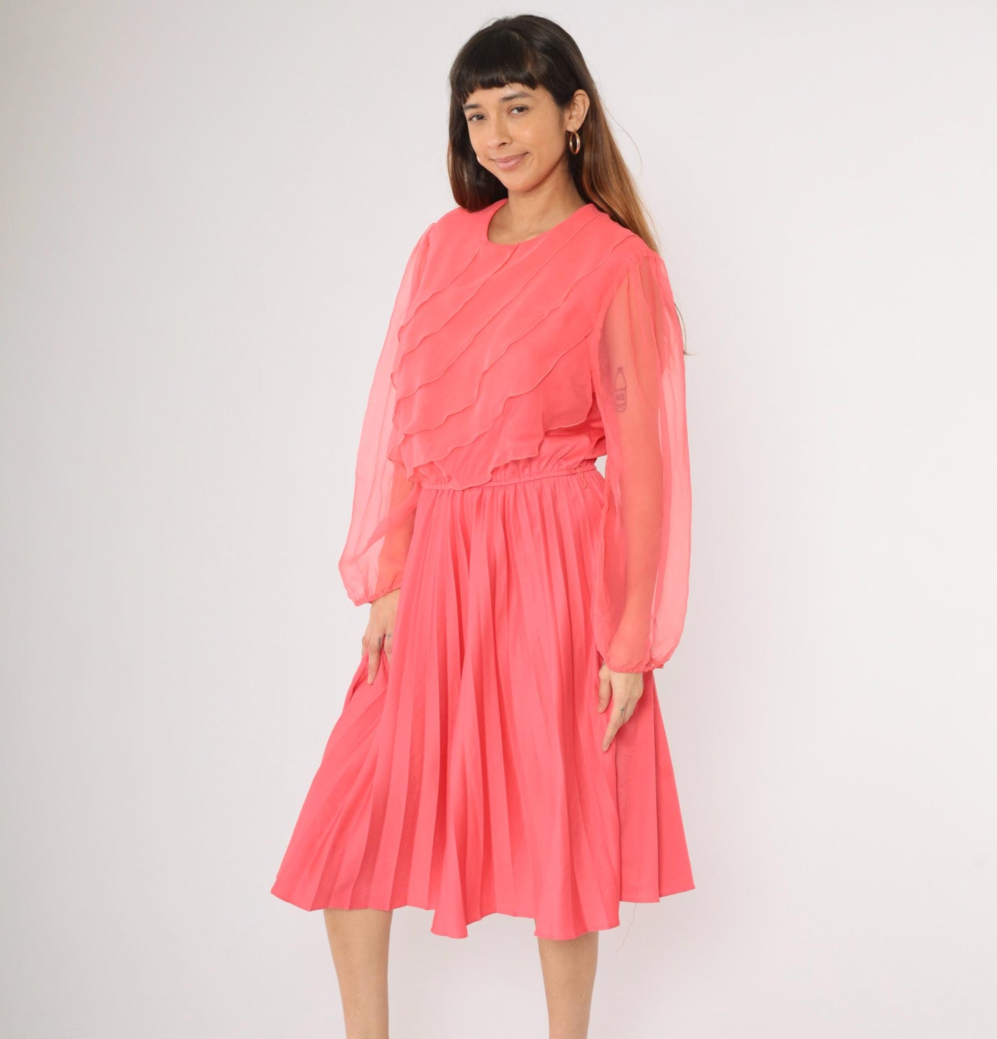 80s Coral Pink Chiffon Midi Dress Puff Sleeves Ruffled Bodice Large L