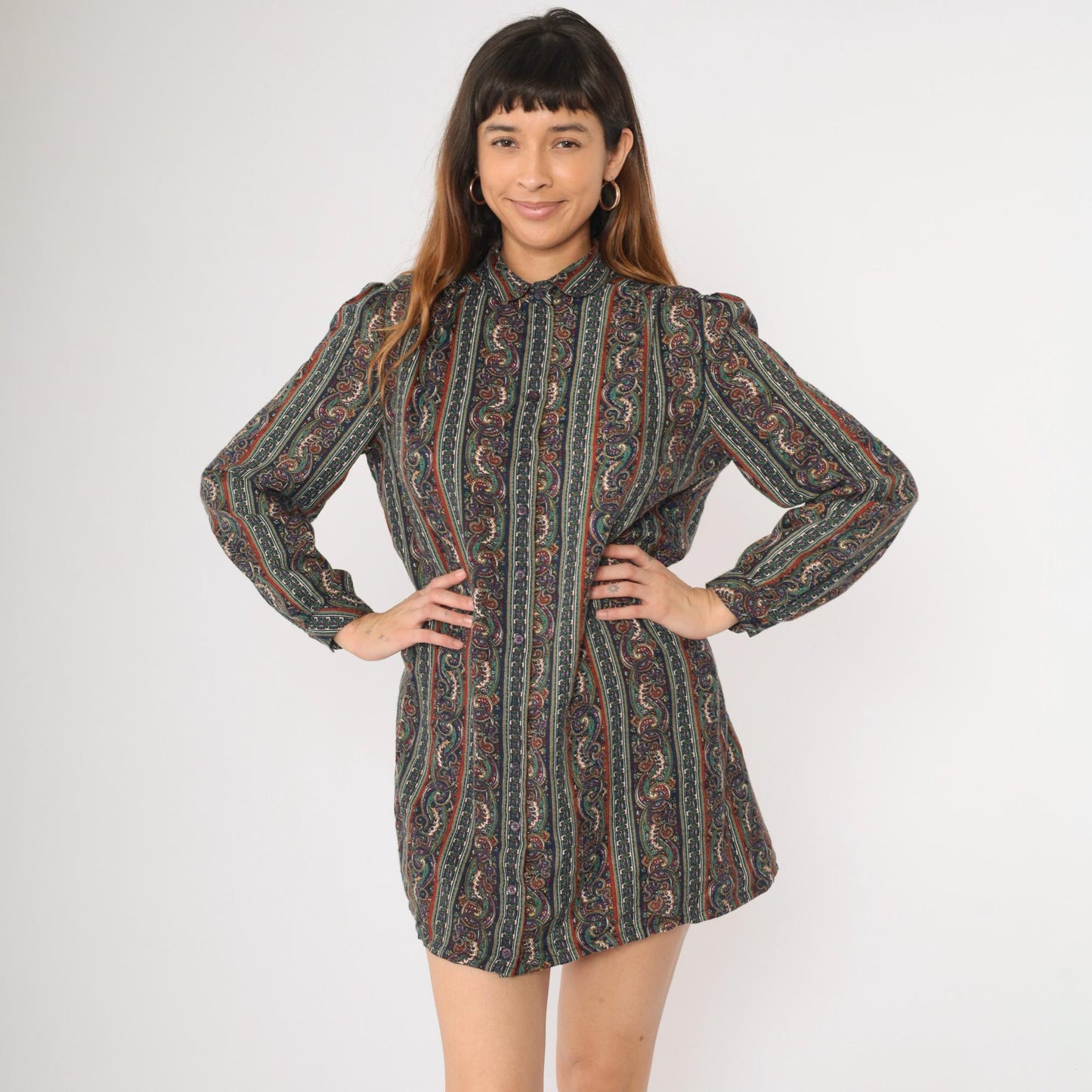 80s Paisley Striped Mini Dress Puff Sleeve Button-Up Shirtdress Medium Large