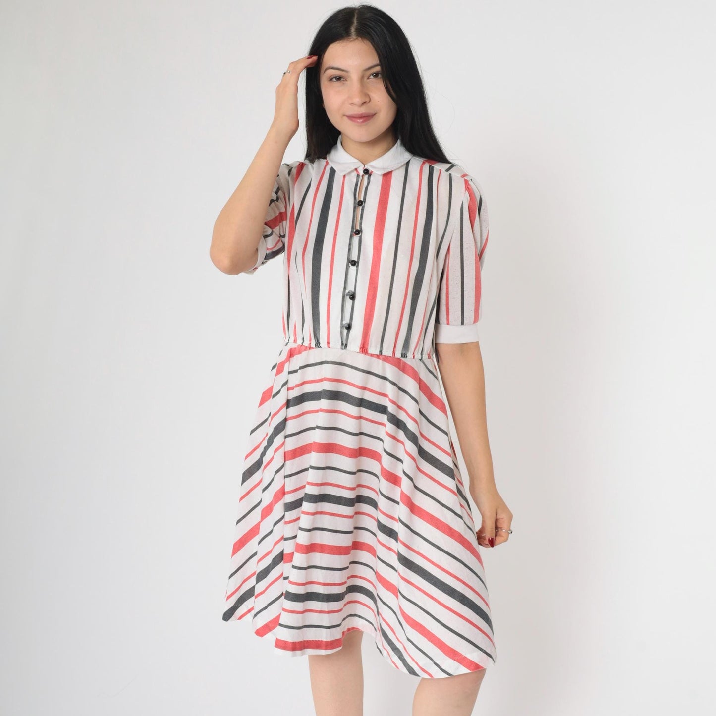 80s Striped Puff Sleeve Dress White Red Black Knee Length Button Up Medium