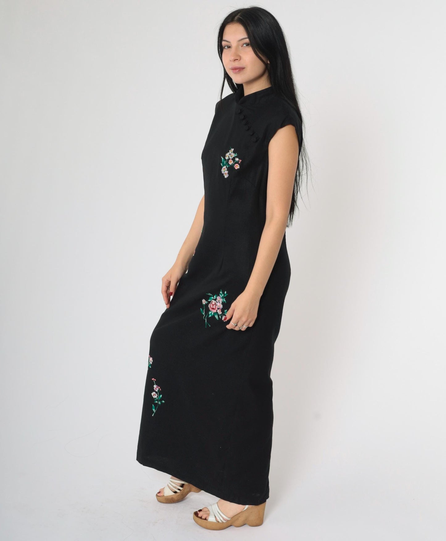 90s Dress Barn Cheongsam Maxi Black Floral Embroidered Mandarin Collar Medium 8