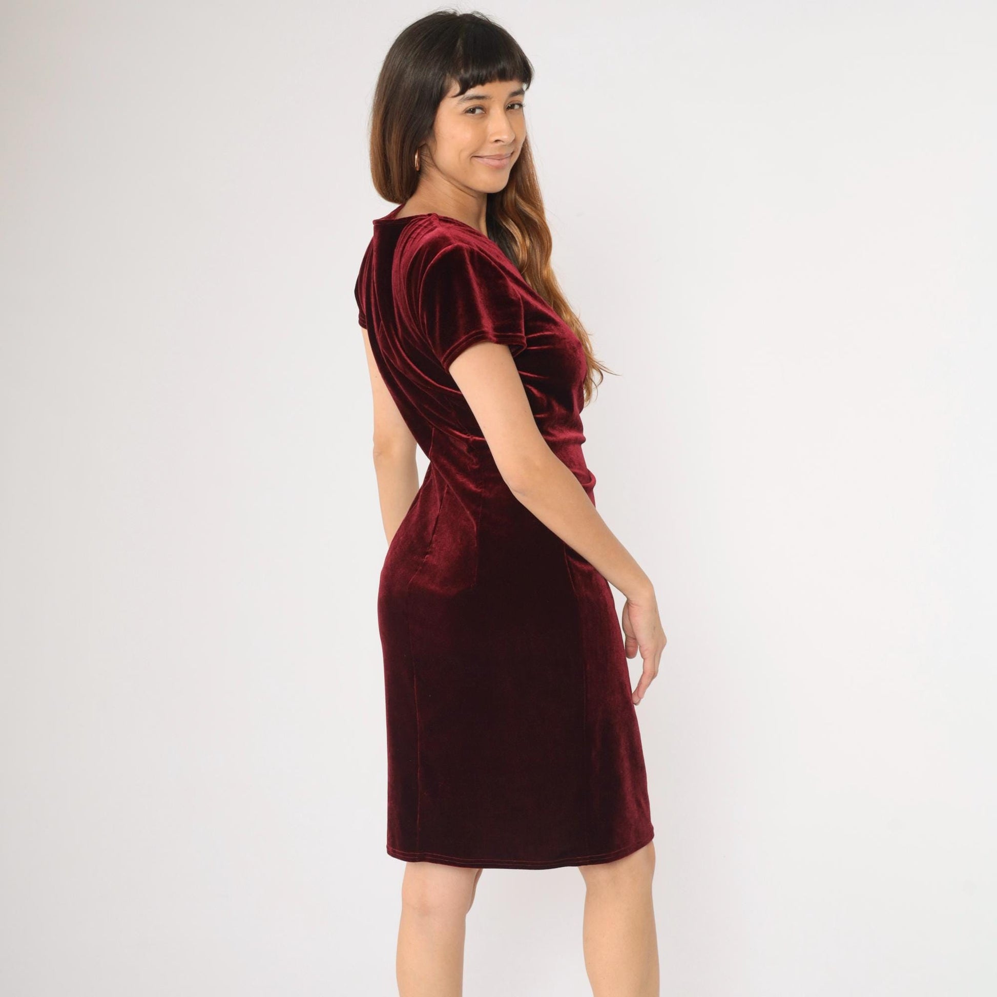 90s Robbie Bee Burgundy Velvet Wrap Dress V-Neck Ruched Knee Length Medium 8