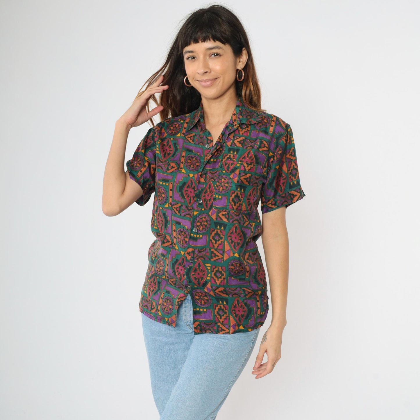 90s Robert Stock Silk Button Up Geometric Print Purple Green Short Sleeve Extra Small