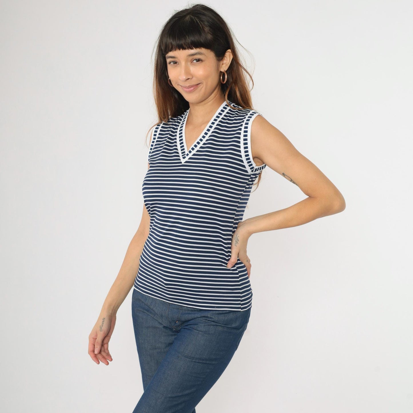 80s Kmart Navy Striped Tank Top V-Neck Ringer Tee White Small
