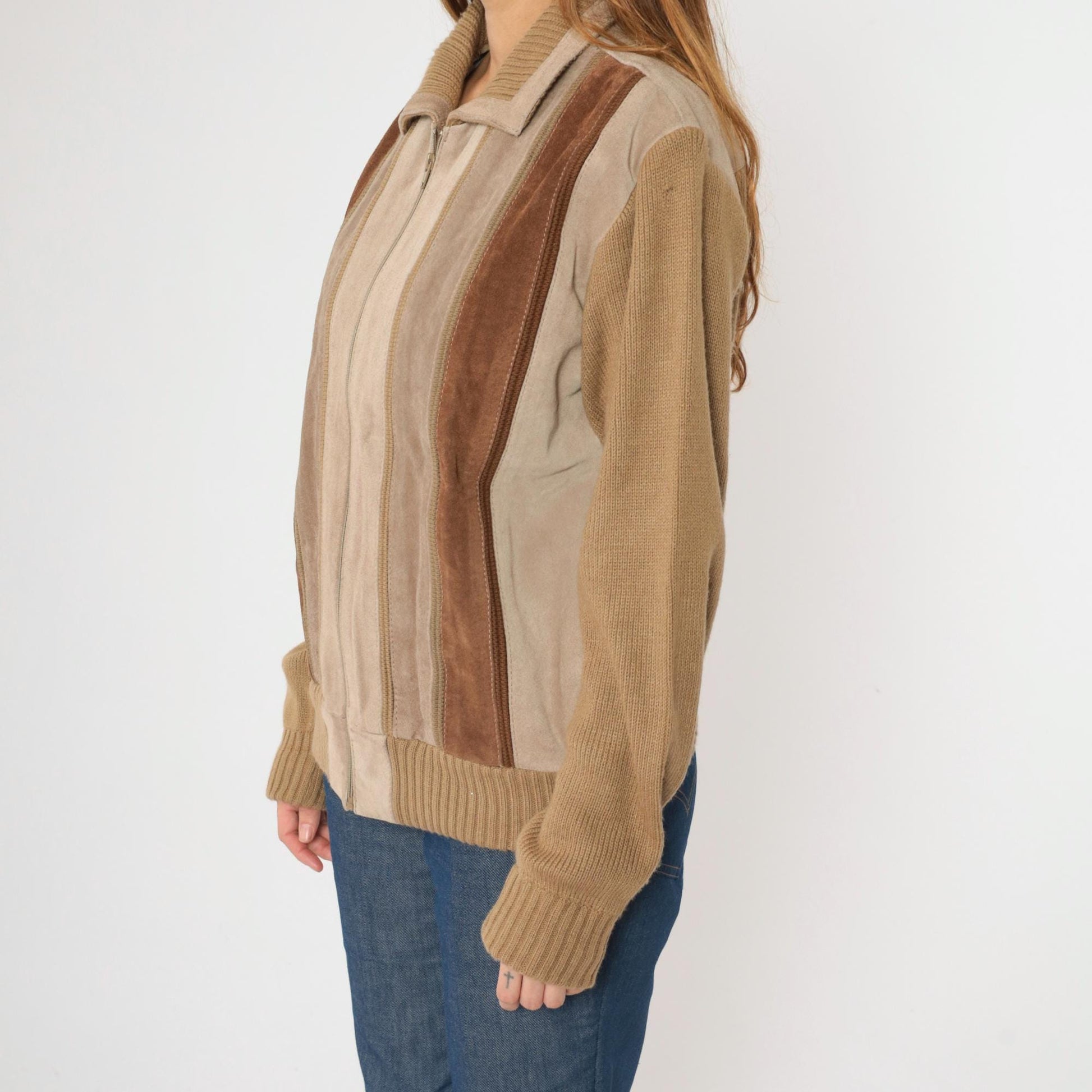 80s Tan Suede Striped Bomber Jacket Brown Leather Zip Knit Large L
