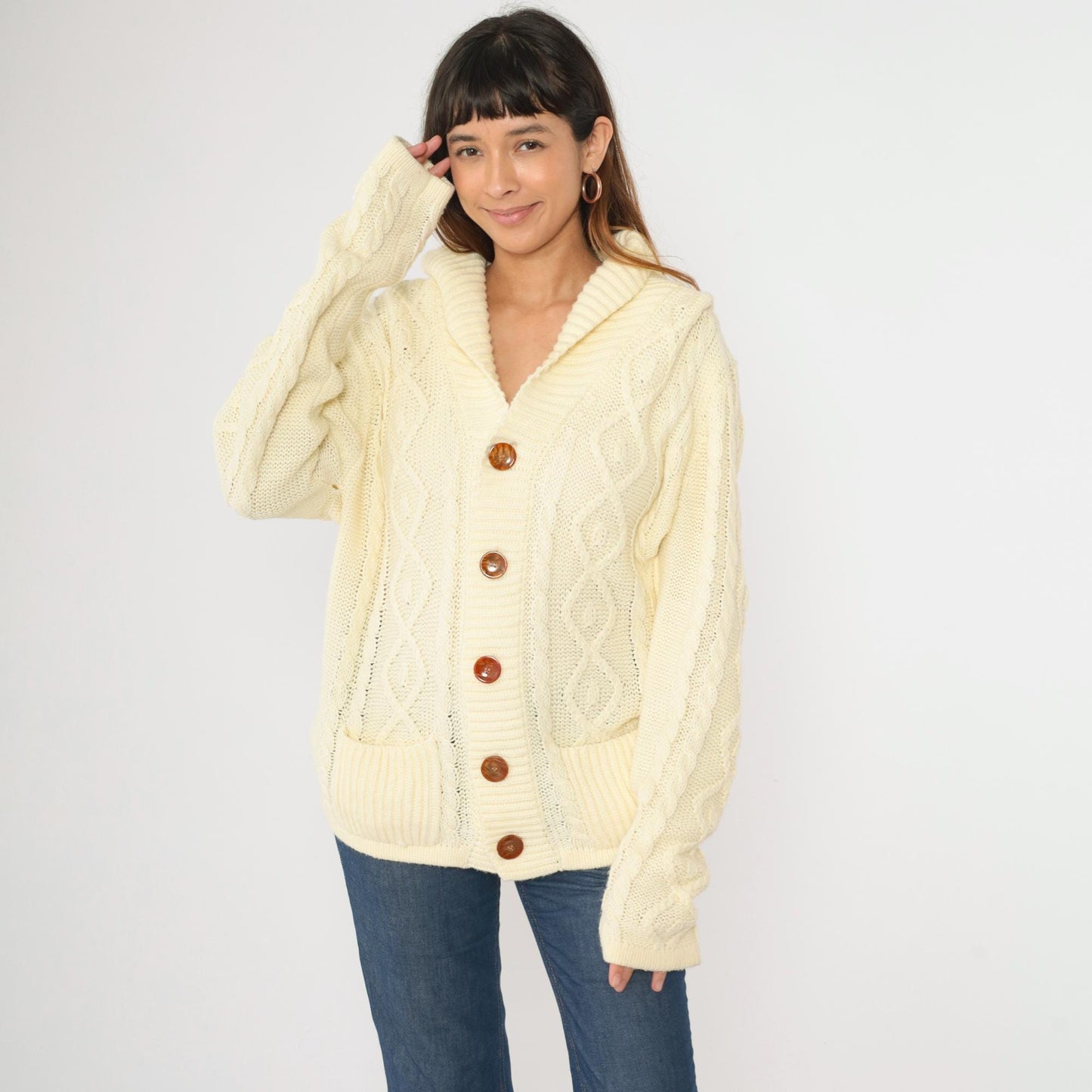 70s Richman Brothers Cable Knit Cardigan Cream Shawl Collar Medium