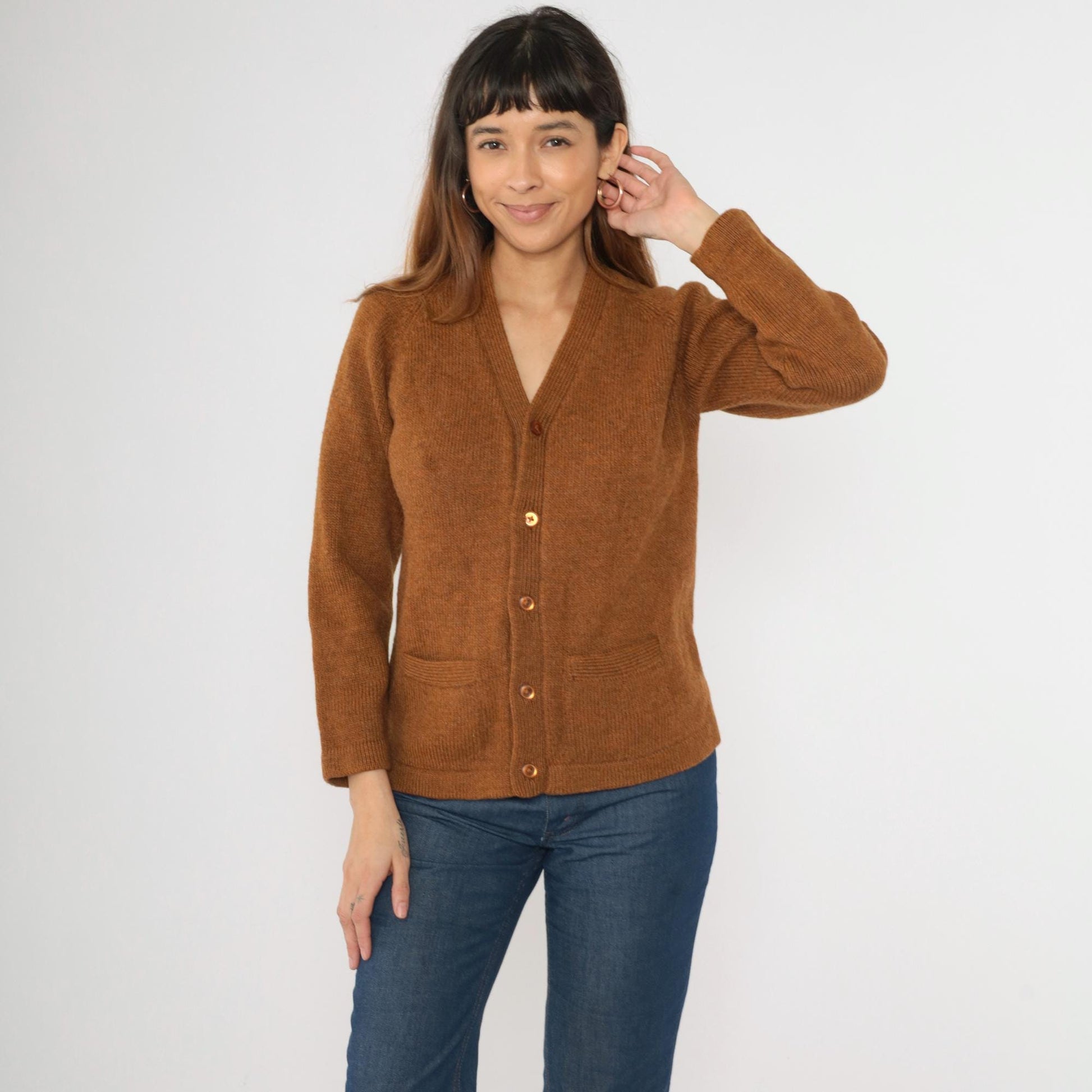 70s Flecked Brown Wool Cardigan V Neck Button Up Knit Sweater Small Medium