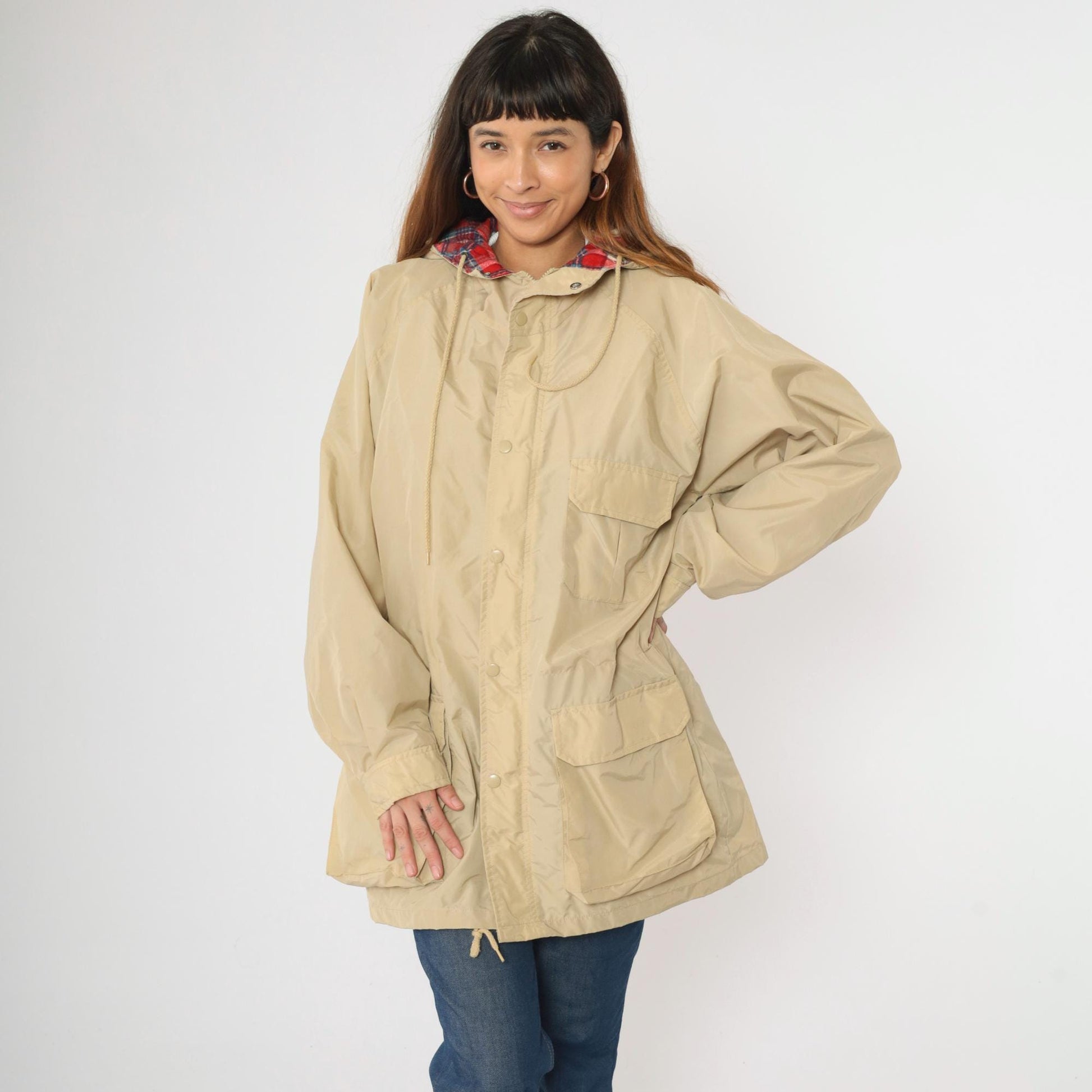 80s Open Trails Beige Nylon Anorak Jacket Plaid Lined Hooded Windbreaker Large L