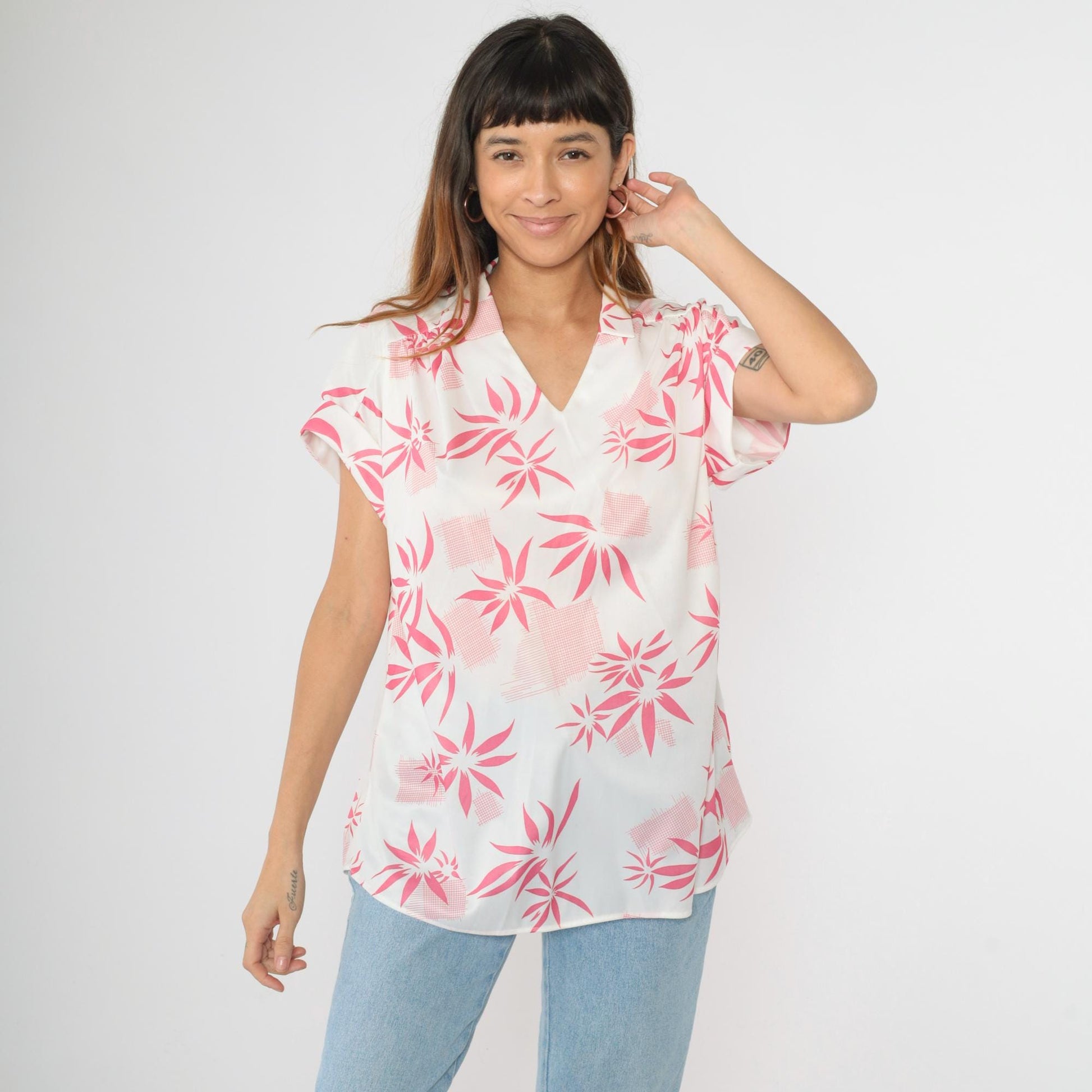 80s Aimee of California Hawaiian Shirt White Pink Tropical Print V-Neck Large L