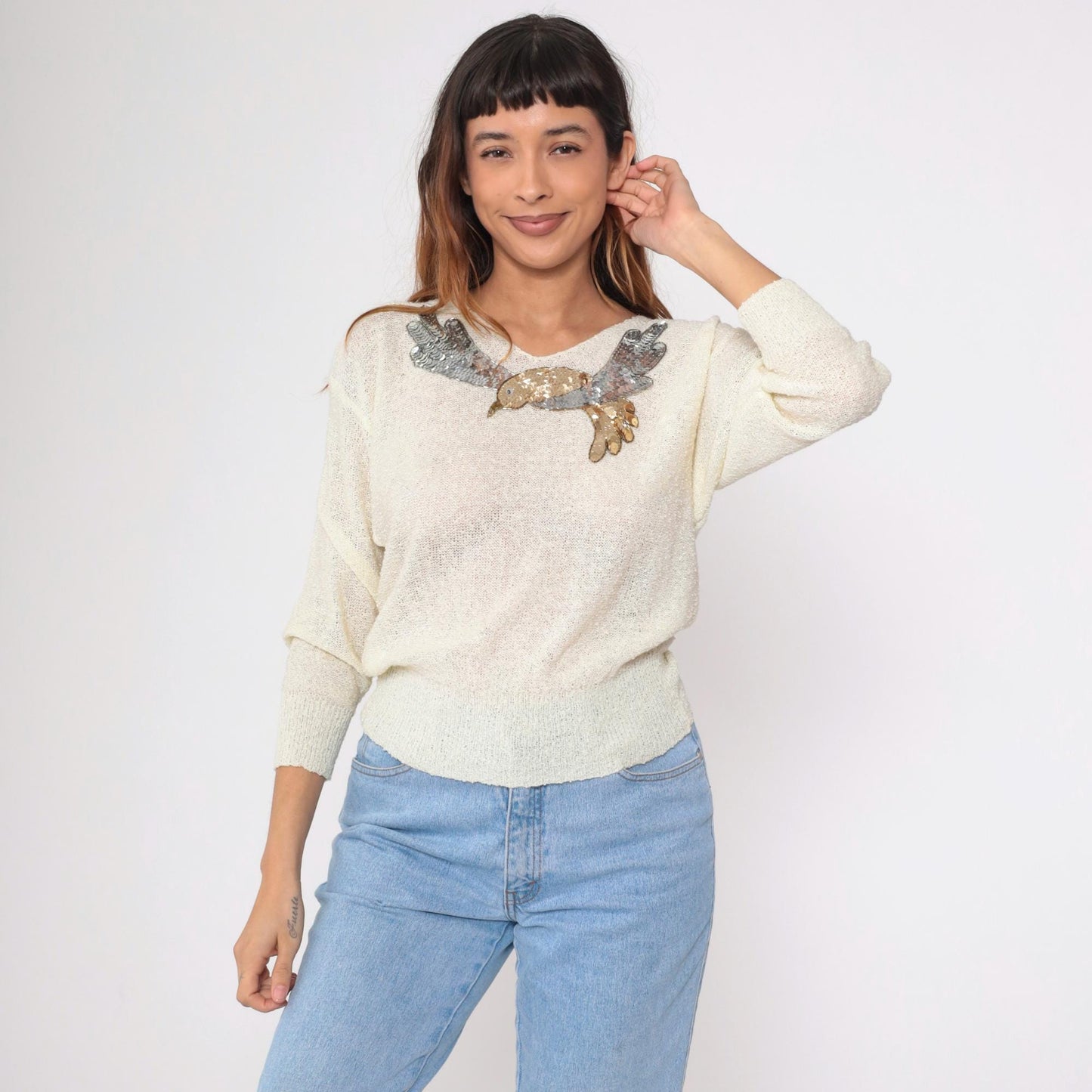 80s Sequin Bird Sweater Off-White V-Neck Beaded Metallic Pullover Small