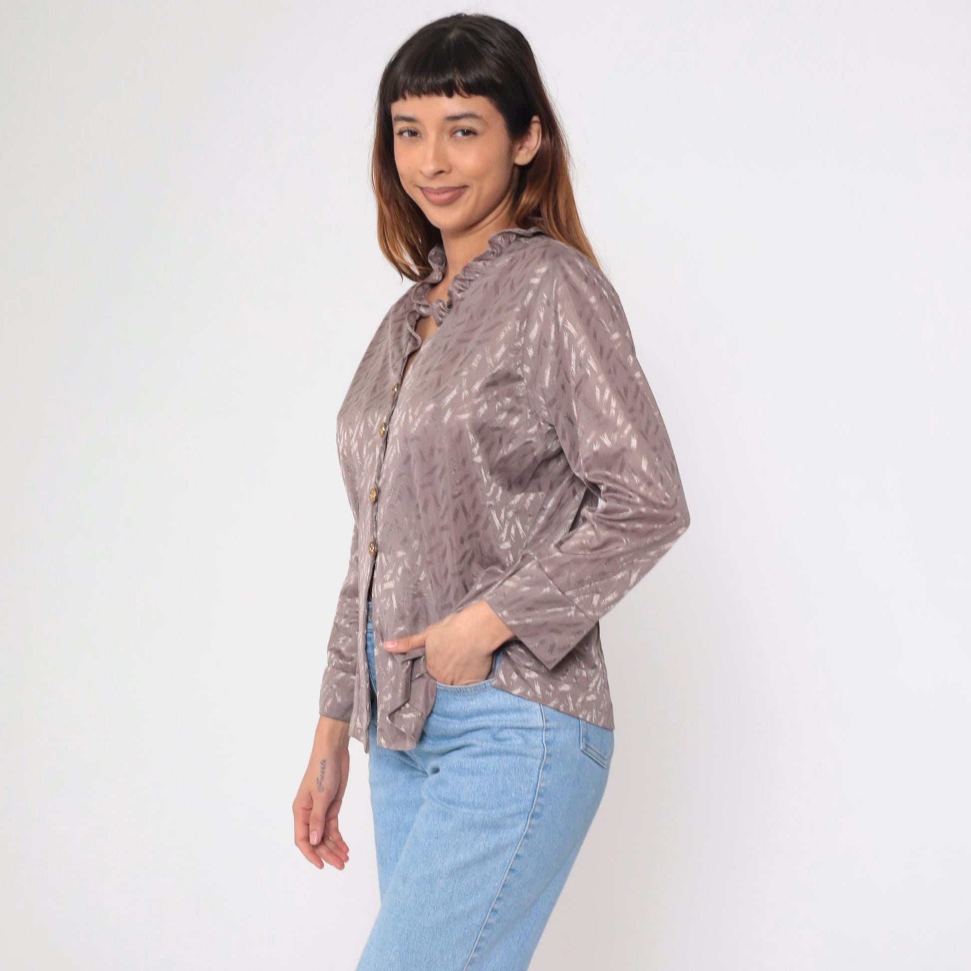 80s Taupe Jacquard Blouse Ruffle Collar Button Up Long Sleeve Large L