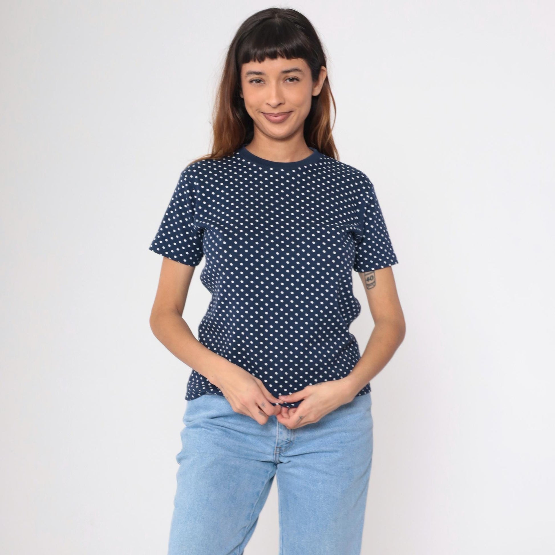 90s Navy Polka Dot T-Shirt White Dots Crewneck Petite Small