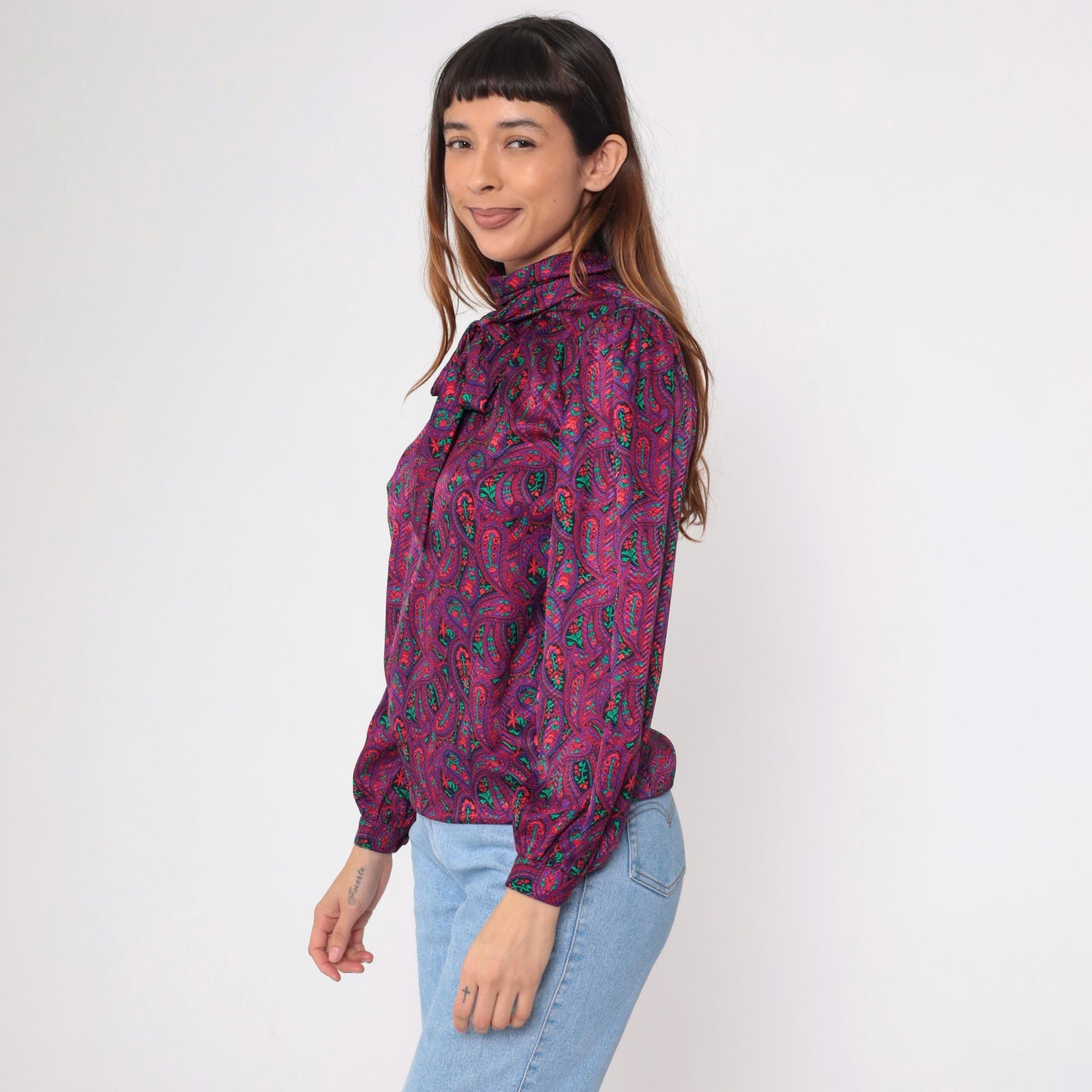 80s Paisley Necktie Blouse Red Purple Psychedelic Button-Up Long Sleeve Small