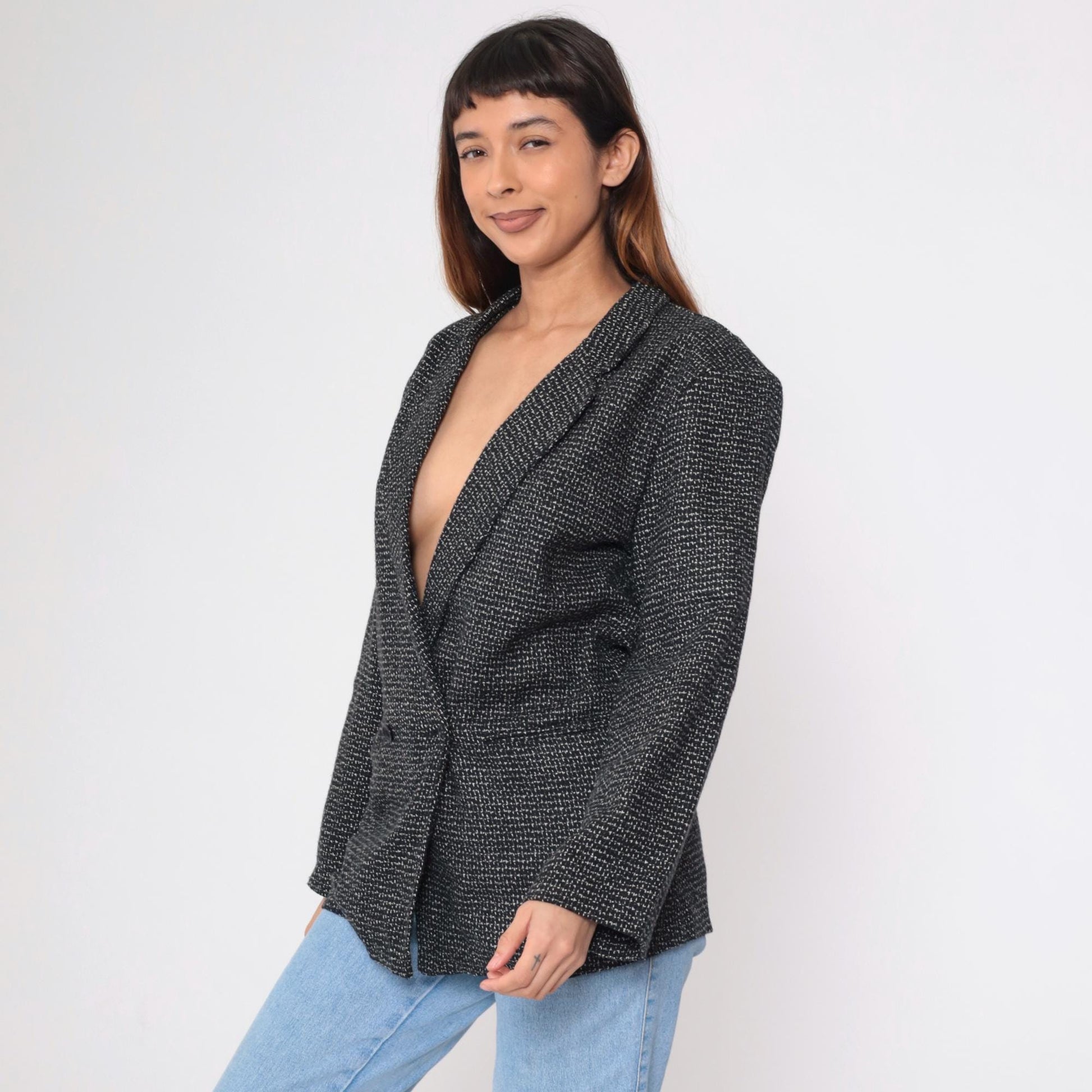 80s Black & White Textured Double-Breasted Blazer Deep V Neck Medium 36