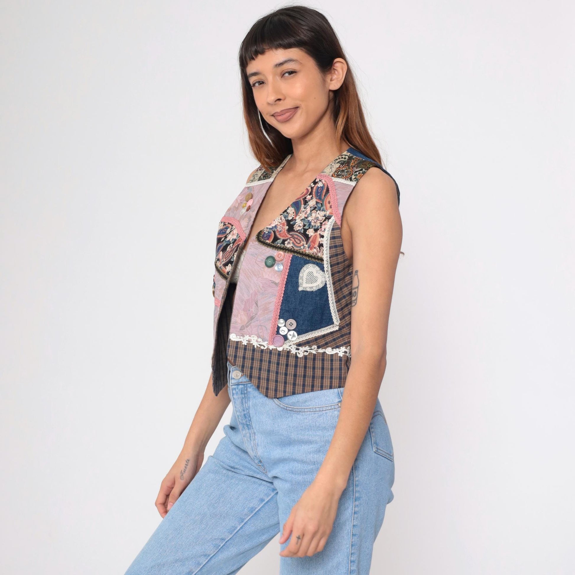 90s Reversible Patchwork Vest Chambray Plaid Floral Lace Heart Small