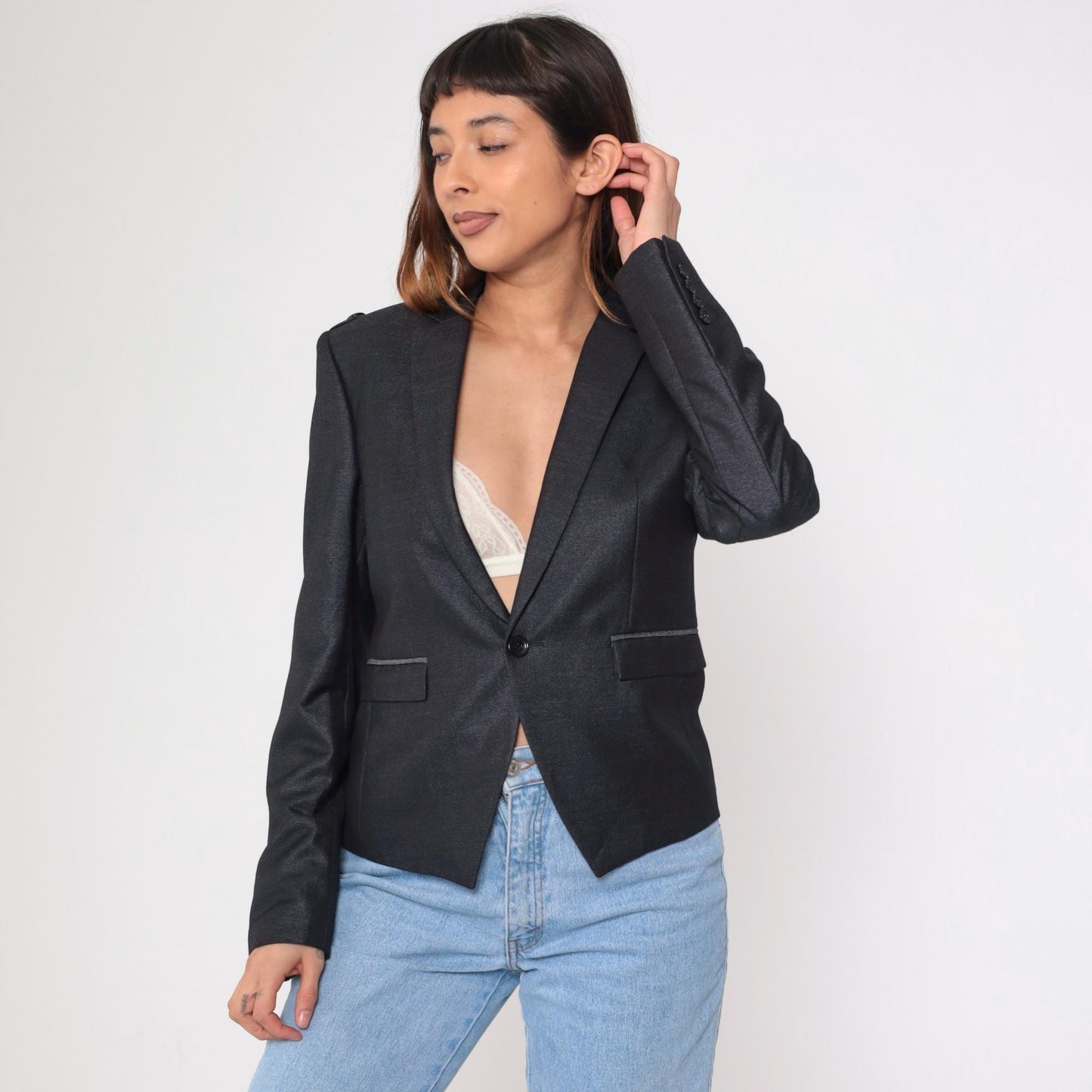 Y2K Black Fitted Blazer Military Epaulette Deep V Neck Button Up Extra Small