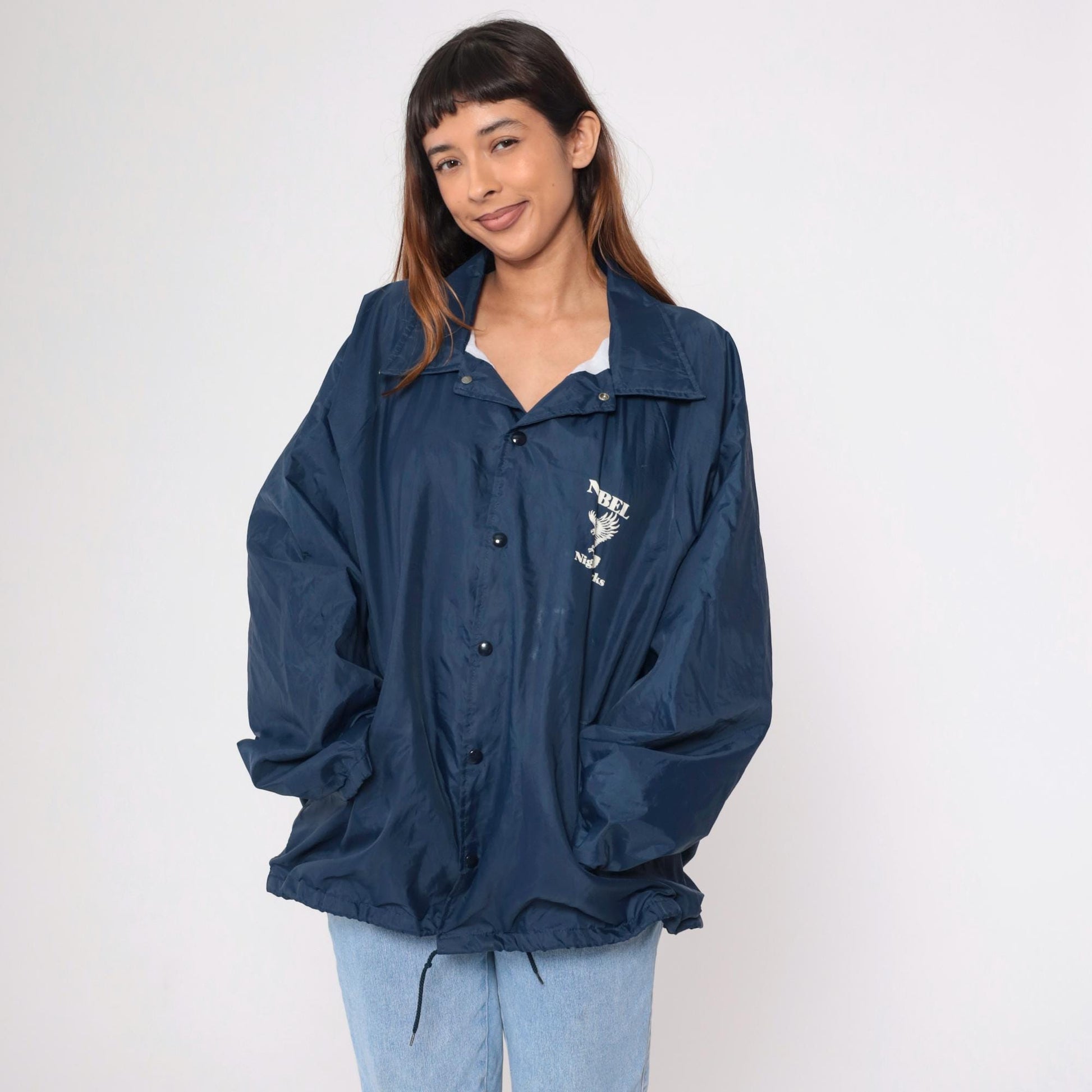 90s Nobel Nighthawks Navy Windbreaker Jacket Snap Front Nylon XXL