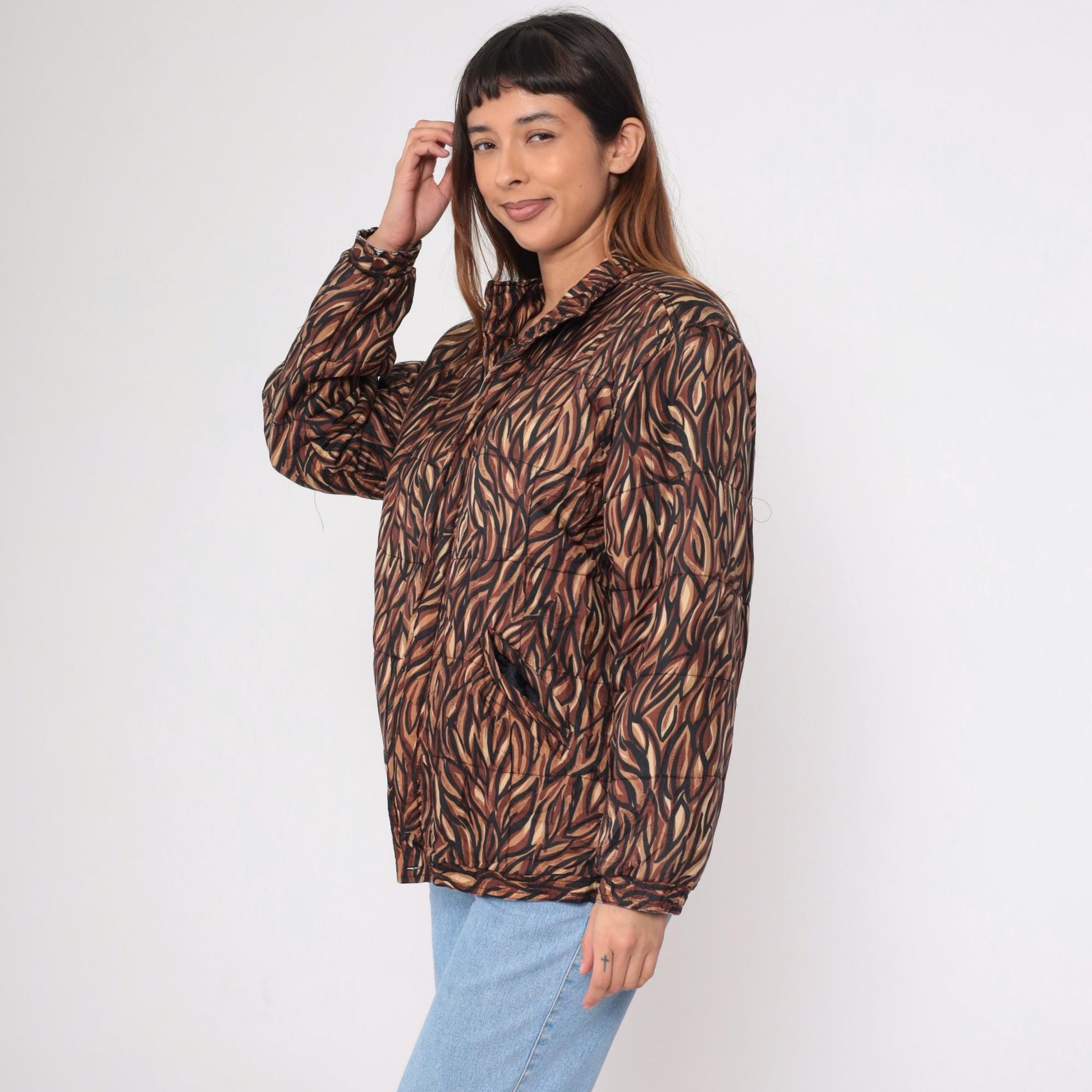 90s Clio Silk Puffer Jacket Abstract Animal Print Brown Medium
