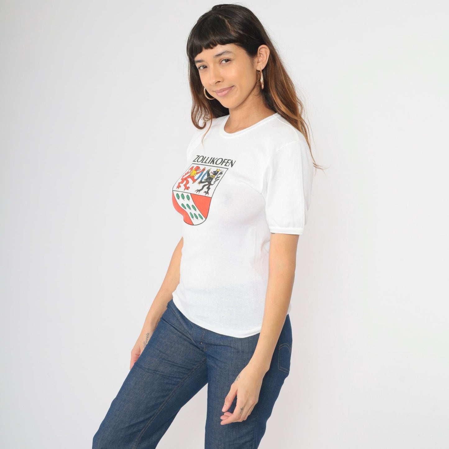 80s Zollikofen Switzerland Coat of Arms Graphic T-Shirt White Small