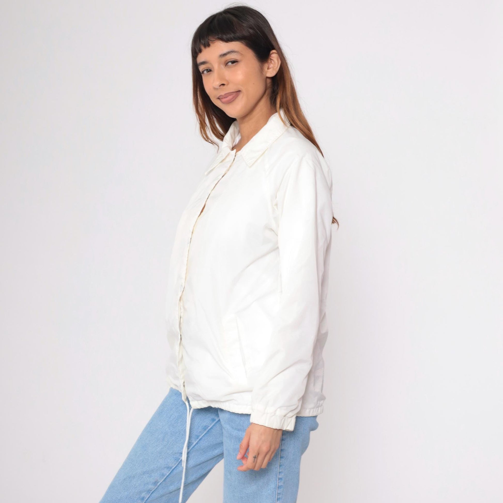 80s White Nylon Windbreaker Jacket Snap Raglan Sleeve Medium