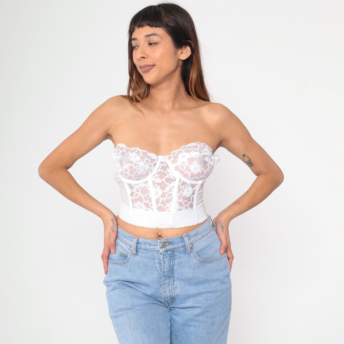 80s White Lace Bustier Corset Boned Strapless Sweetheart Bra 36C