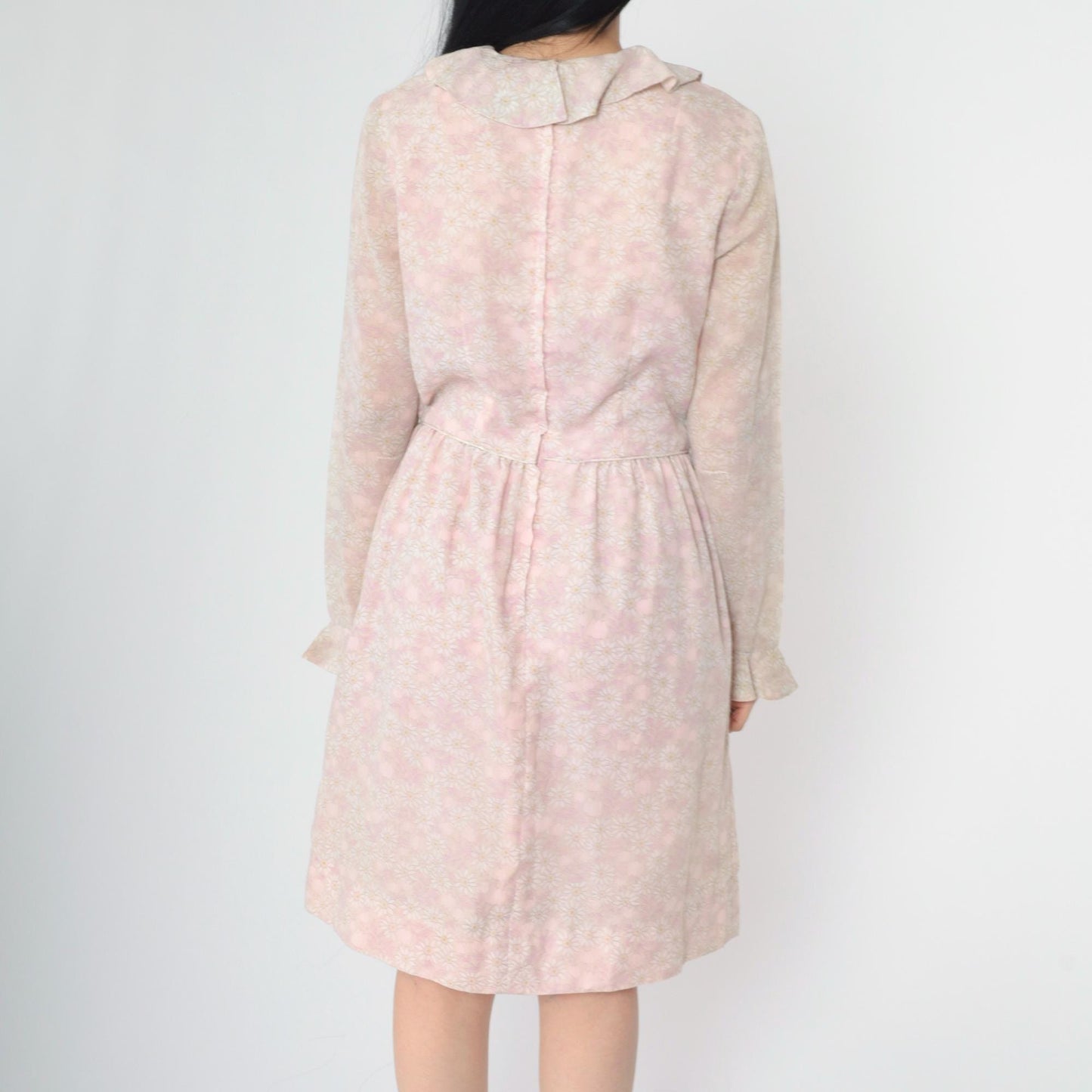 1960s Pink Floral Dress Sheer Bell Sleeve Ruffle Collar Knee Length Medium