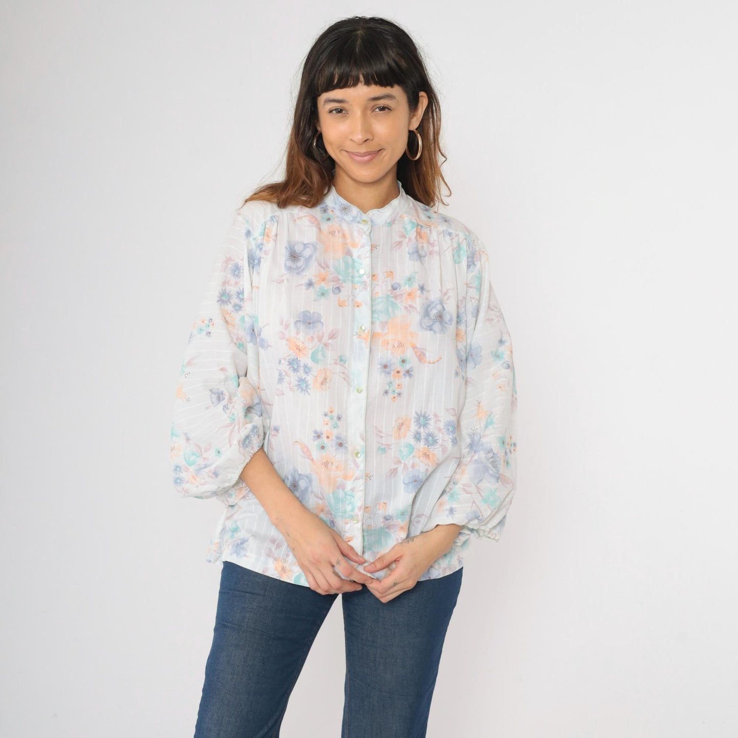 70s Pastel Floral Mandarin Collar Blouse Batwing Sleeve Button Up Large L