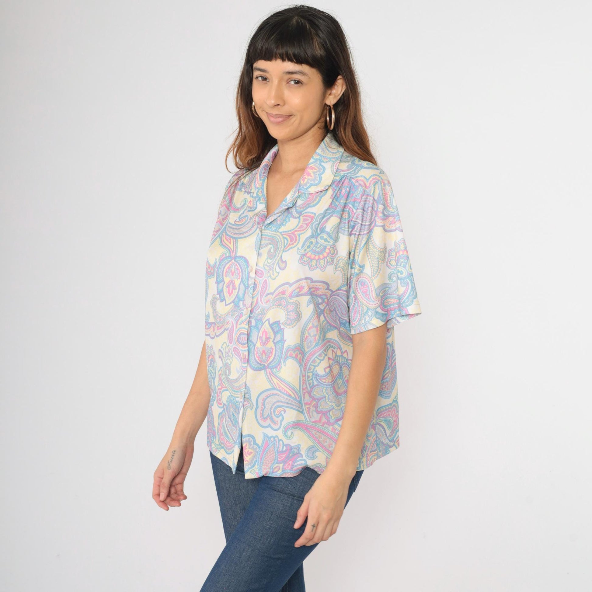 Y2K Paisley Button-Up Blouse Psychedelic Print Short Sleeve Top Large L