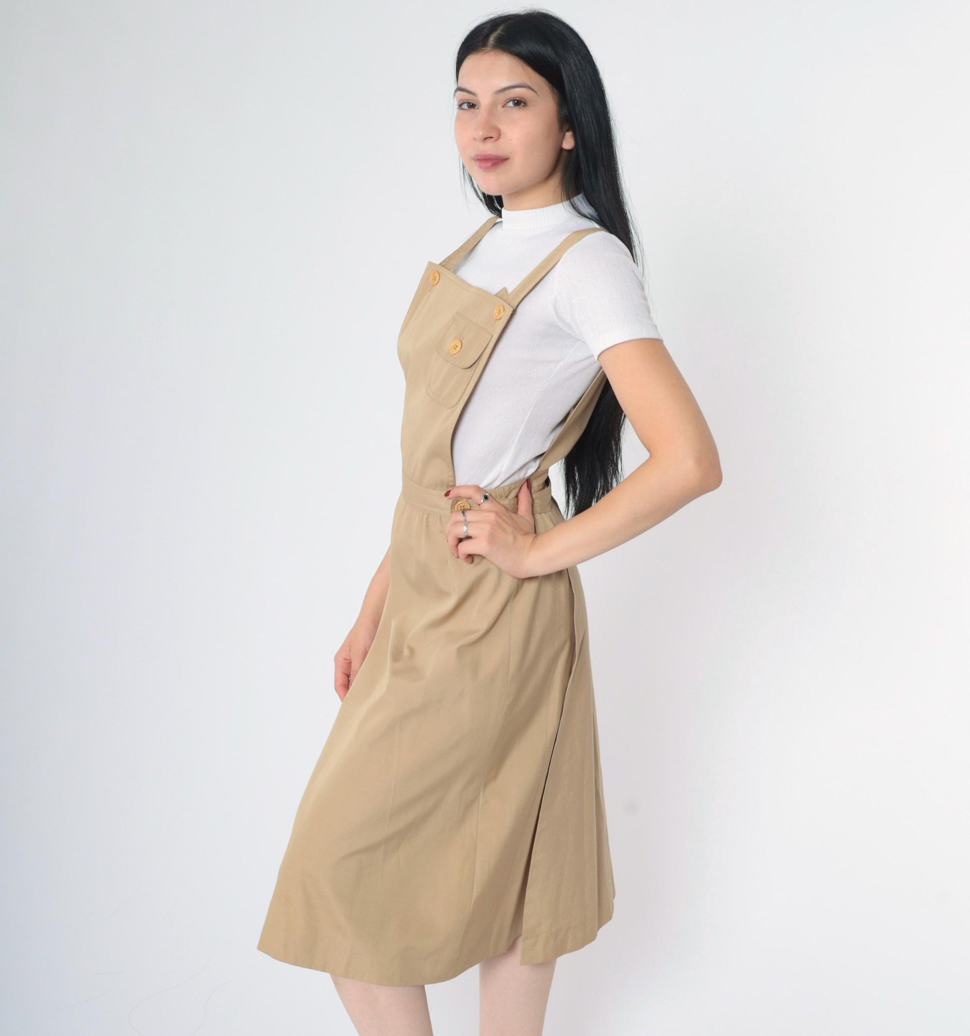 70s Khaki Midi Pinafore Dress High Waist Sleeveless Pockets Small