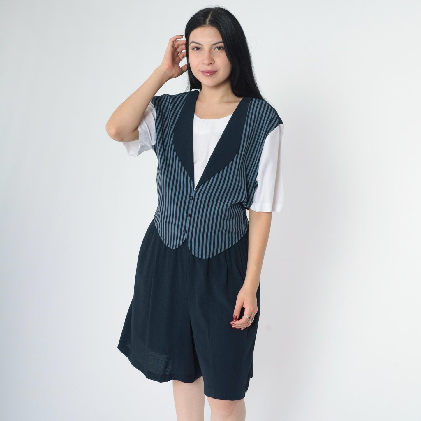 90s Navy Striped Vest Romper Wide Leg Shorts Button Up Large L