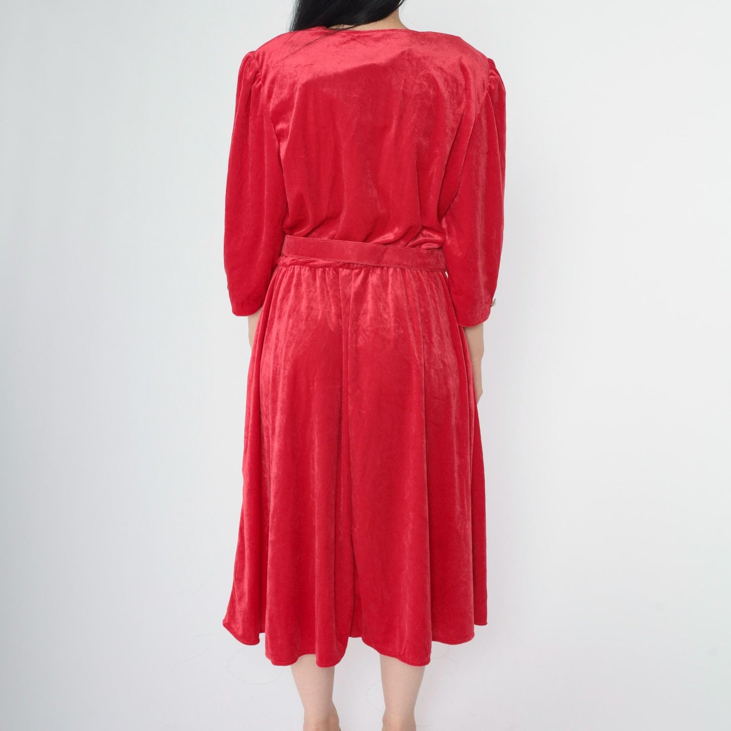 00s Red Velour Midi Dress Puff Sleeve Scallop Neck Button Up High Waist Large