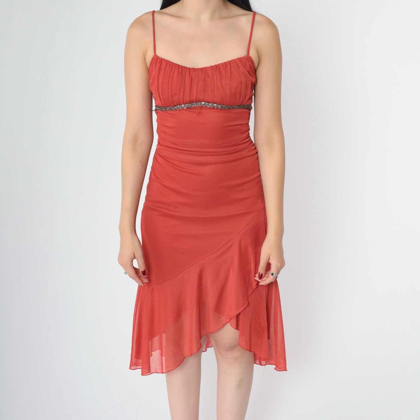 Y2K Ruby Rox Rust Midi Dress Ruched Spaghetti Strap Bodycon Asymmetrical Small