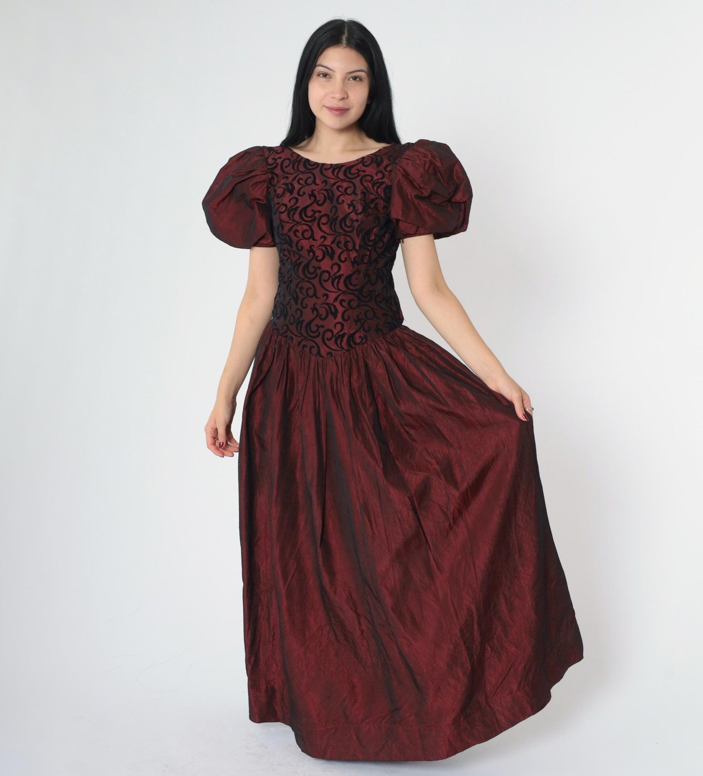 80s Burgundy Taffeta Prom Dress Puff Sleeve Basque Waist Maxi Small