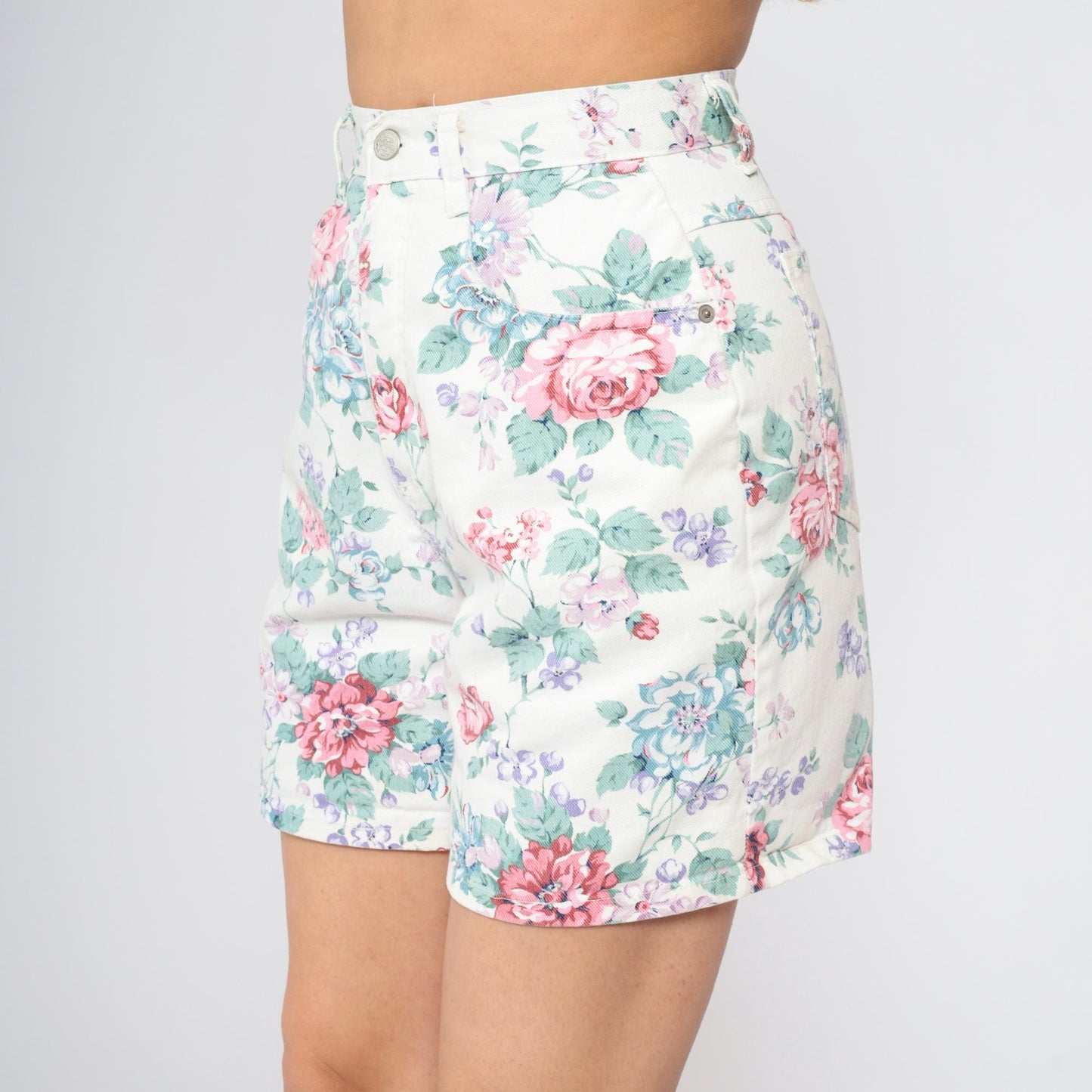 90s Floral Denim Shorts White High Waist Pink Purple Rose Print Small