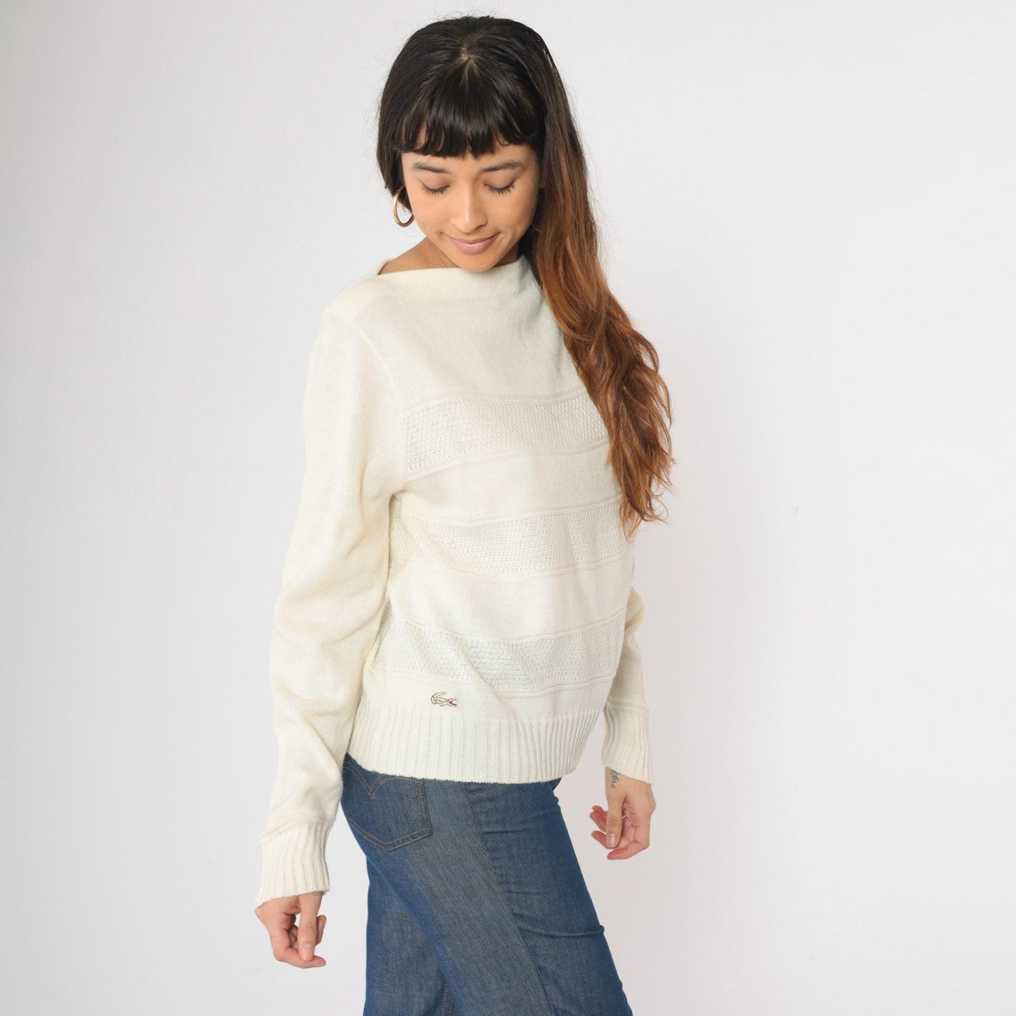 80s Izod Lacoste Boatneck Sweater Cream Knit Crocodile Logo Medium