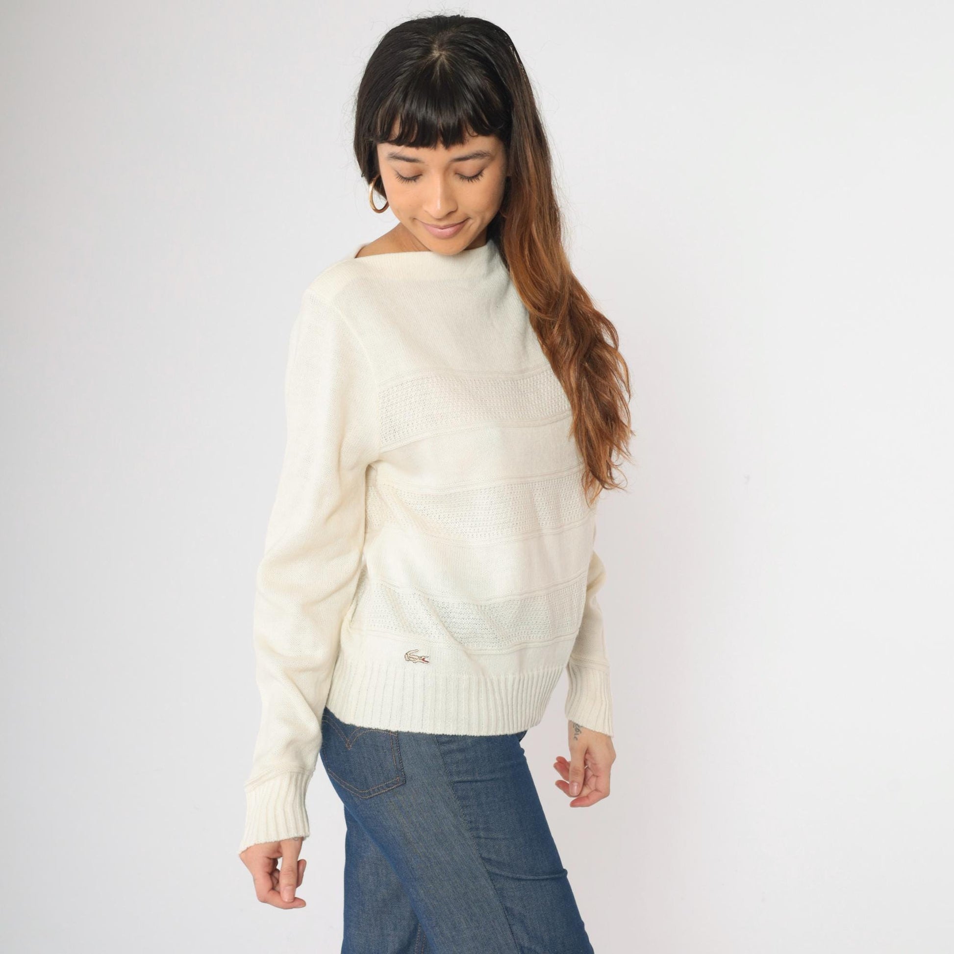 80s Izod Lacoste Boatneck Sweater Cream Knit Crocodile Logo Medium