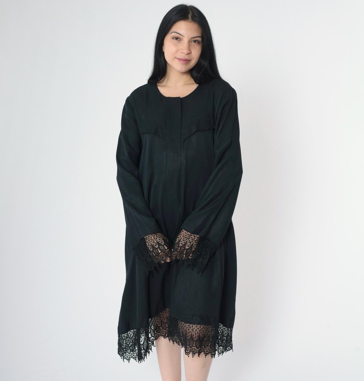 90s Black Lace Trim Button-Up Midi Dress Western Yoke Long Sleeve Extra Large XXL