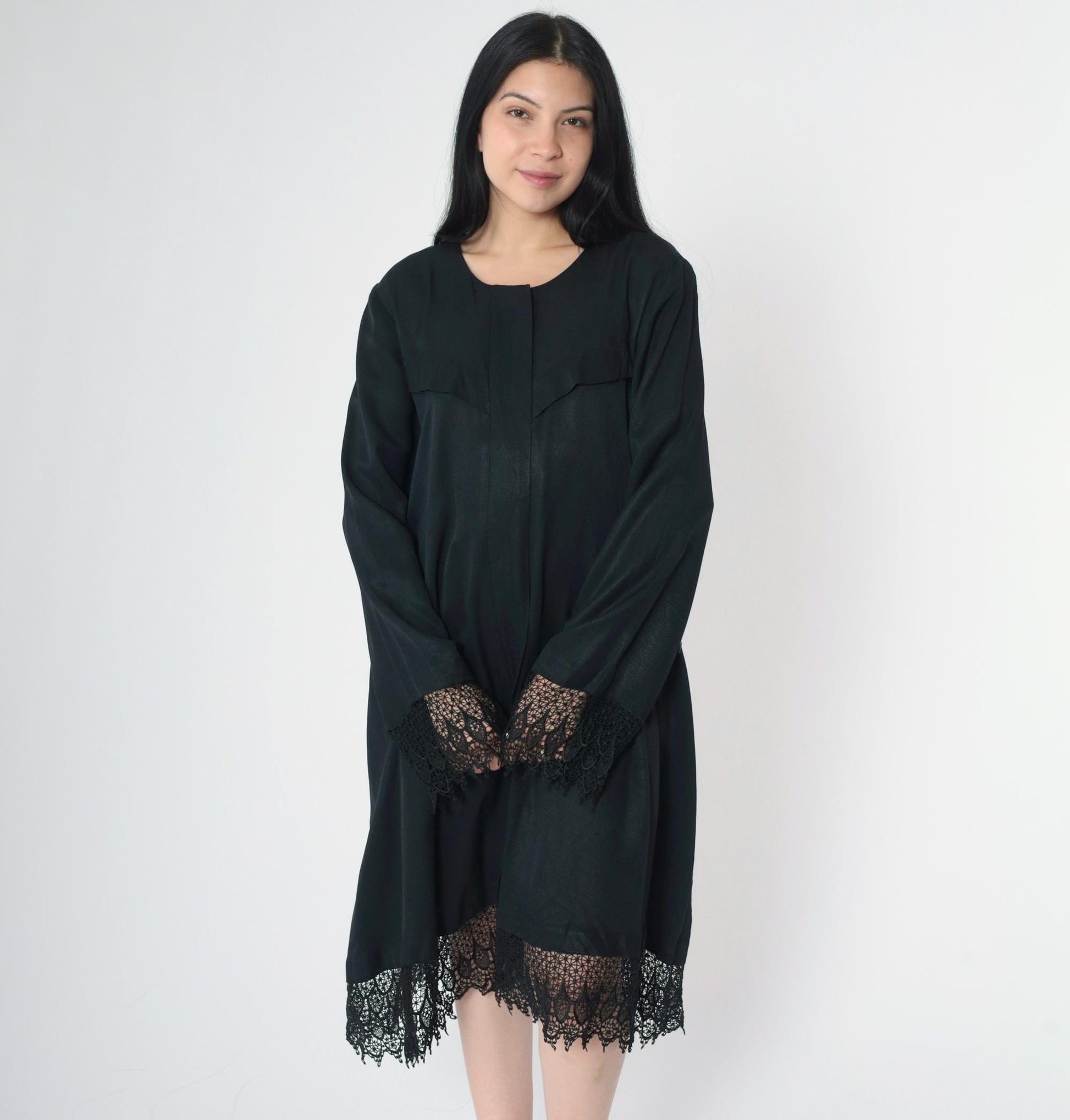 90s Black Lace Trim Button-Up Midi Dress Western Yoke Long Sleeve Extra Large XXL