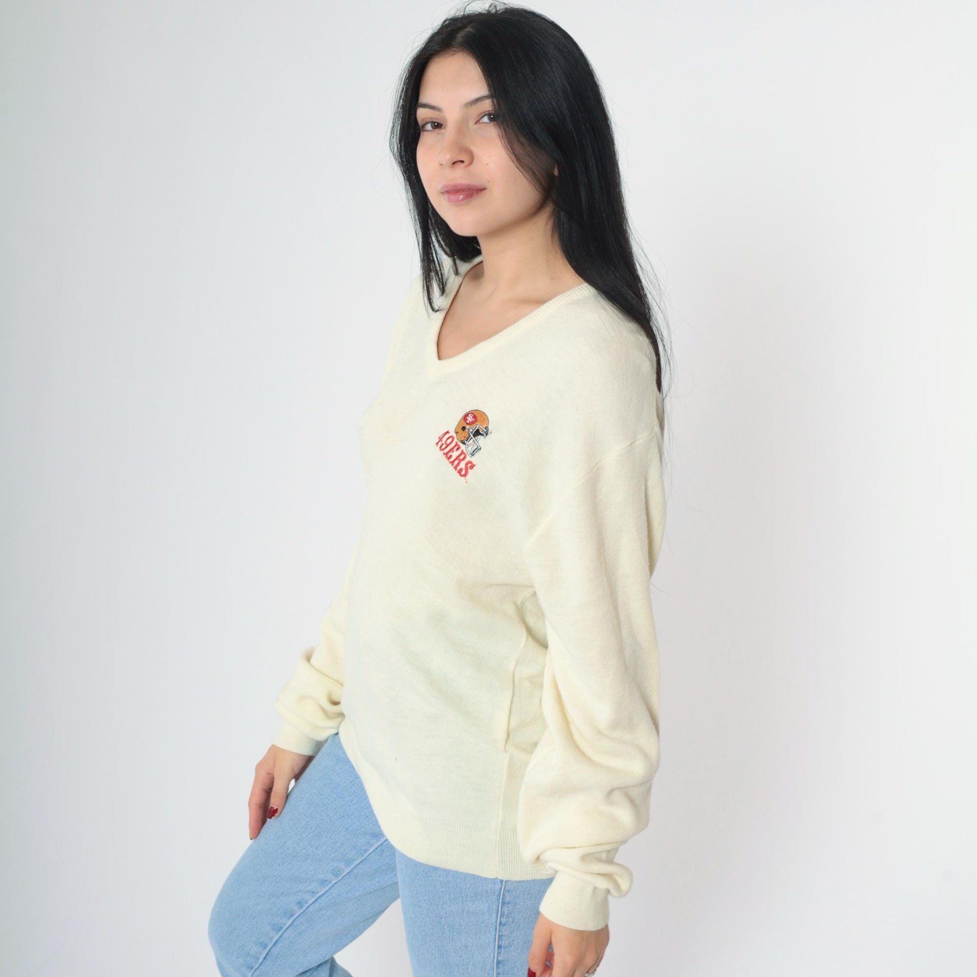 80s San Francisco 49ers Logo 7 NFL Sweater Cream V-Neck Large