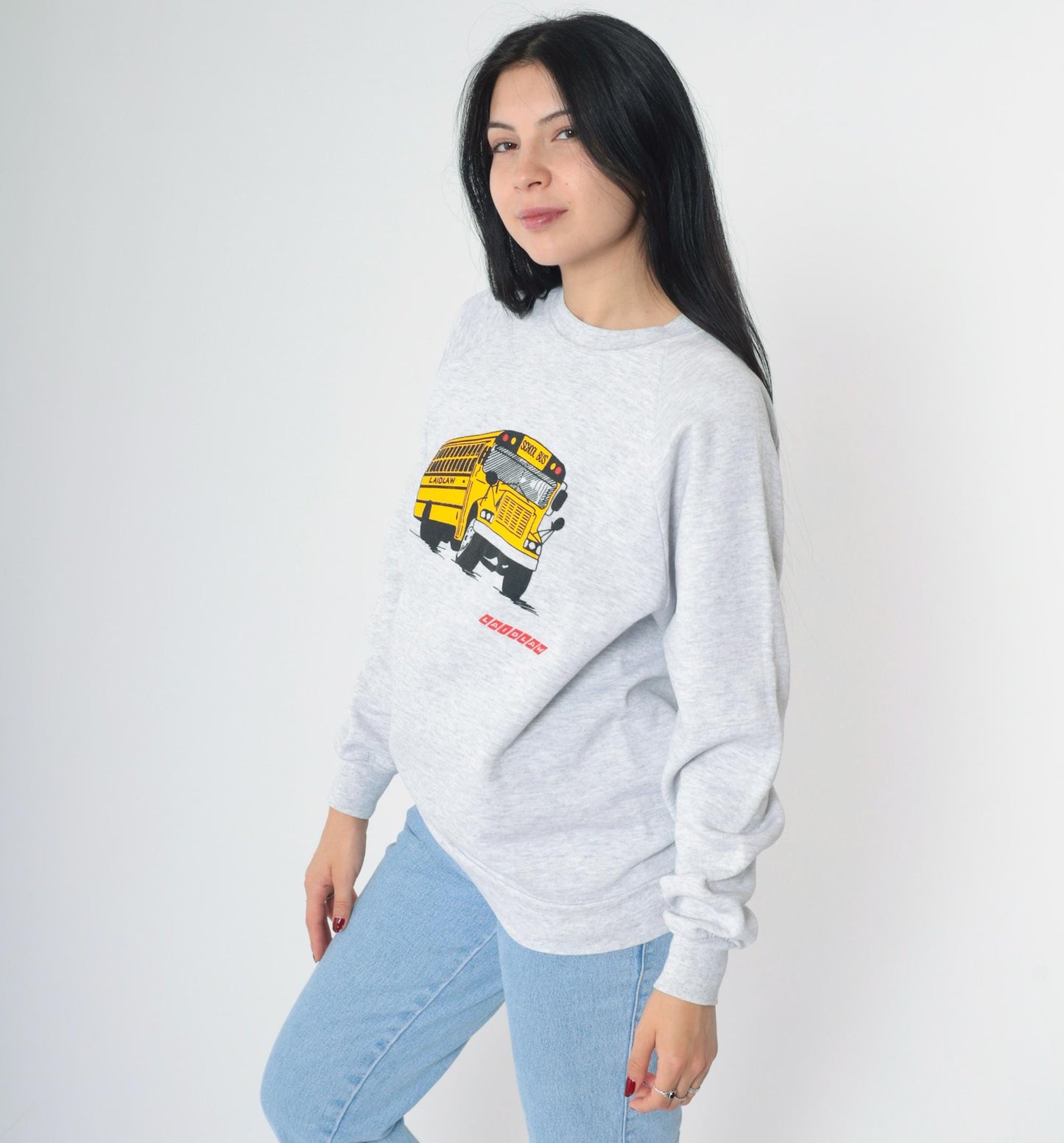 90s Jerzees Laidlaw School Bus Graphic Sweatshirt Grey Crewneck Medium