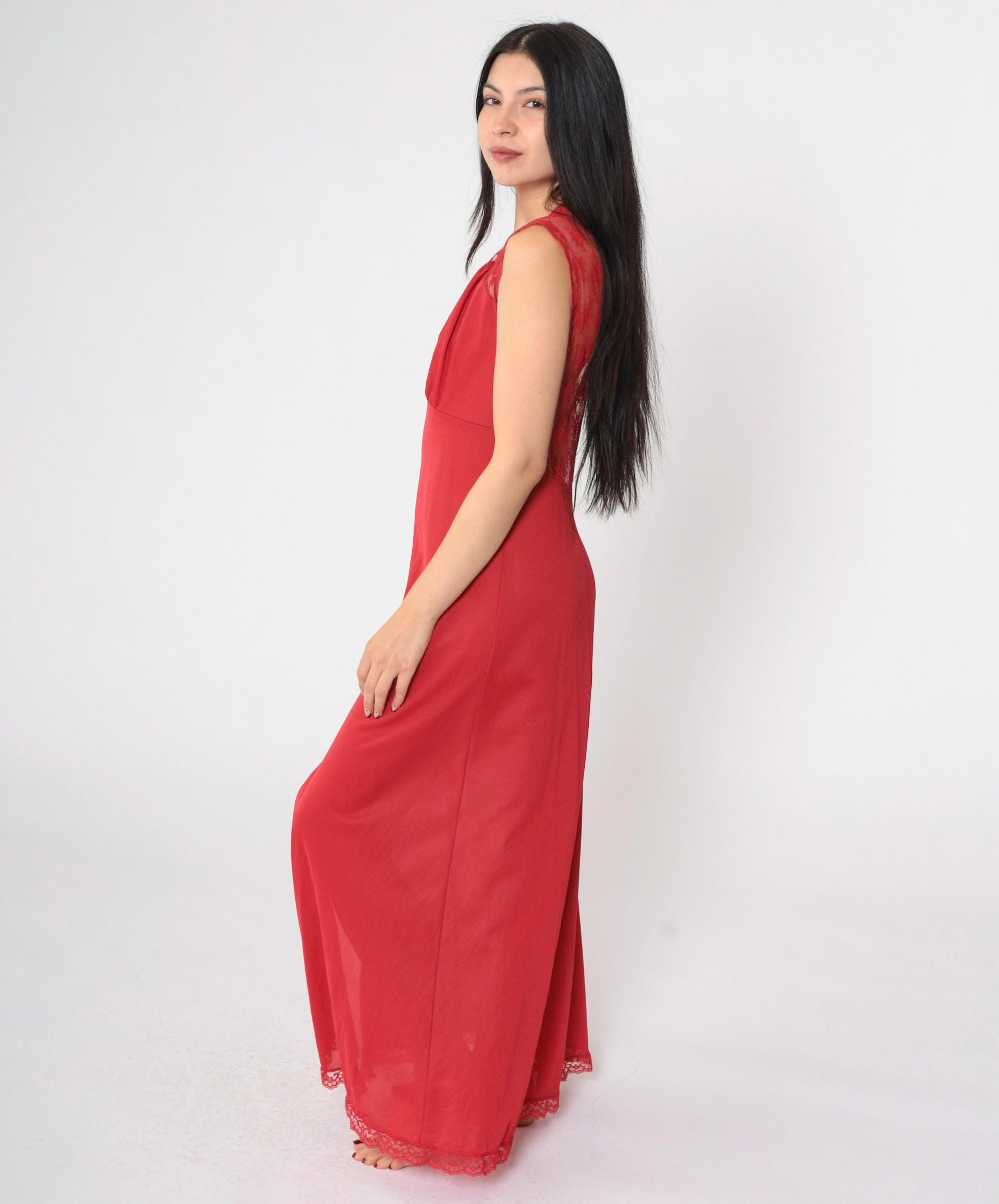 80s Gossard Artemis Red Lace Nightgown Maxi Deep V Open Back Medium