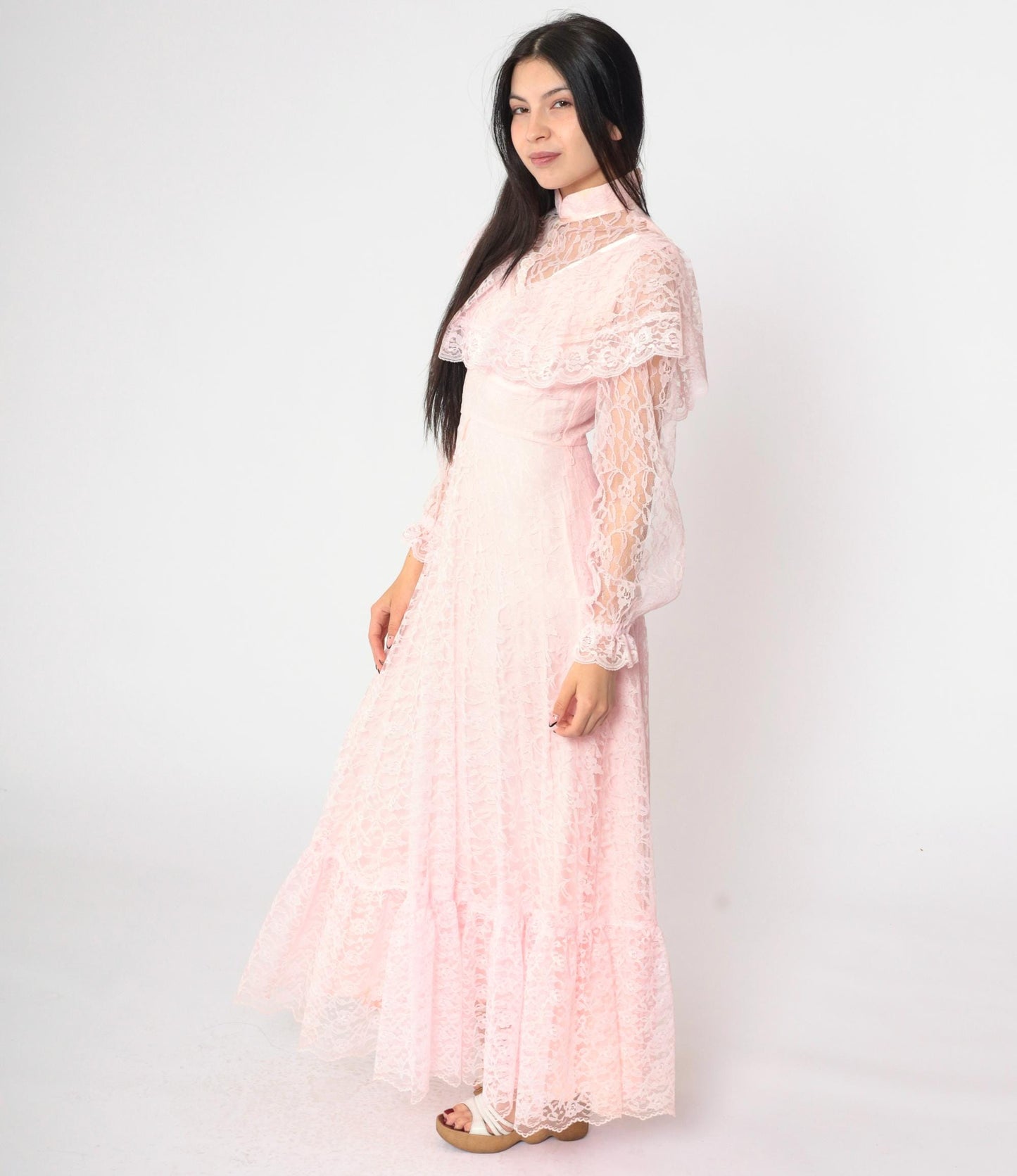 70s Pink Lace Maxi Gown High Neck Sheer Yoke Capelet Tiered Skirt Extra Small