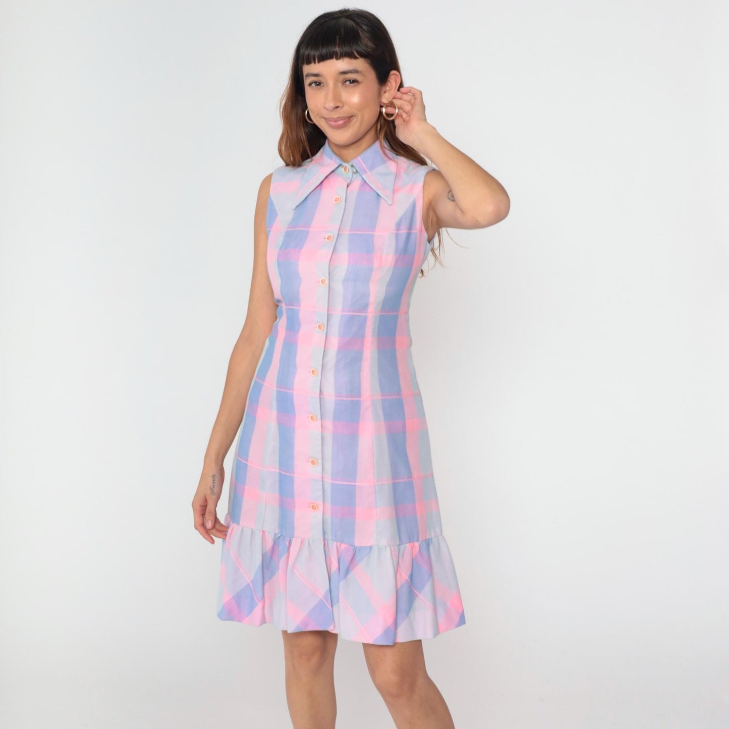70s Burt Stanley Pastel Plaid Button-Down Dress Dagger Collar Knee-Length Small