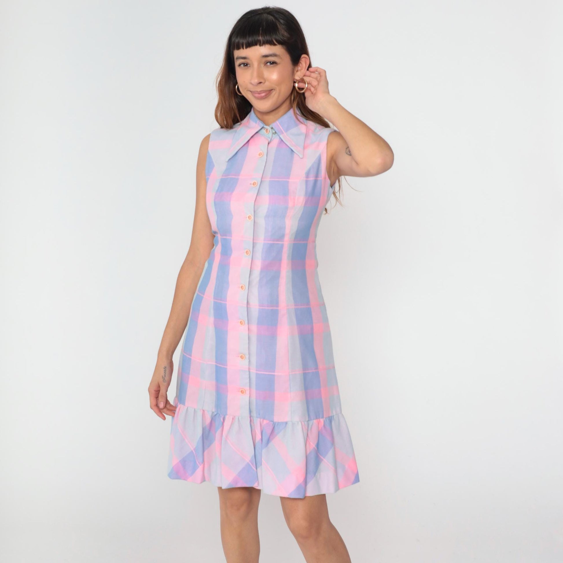 70s Burt Stanley Pastel Plaid Button-Down Dress Dagger Collar Knee-Length Small