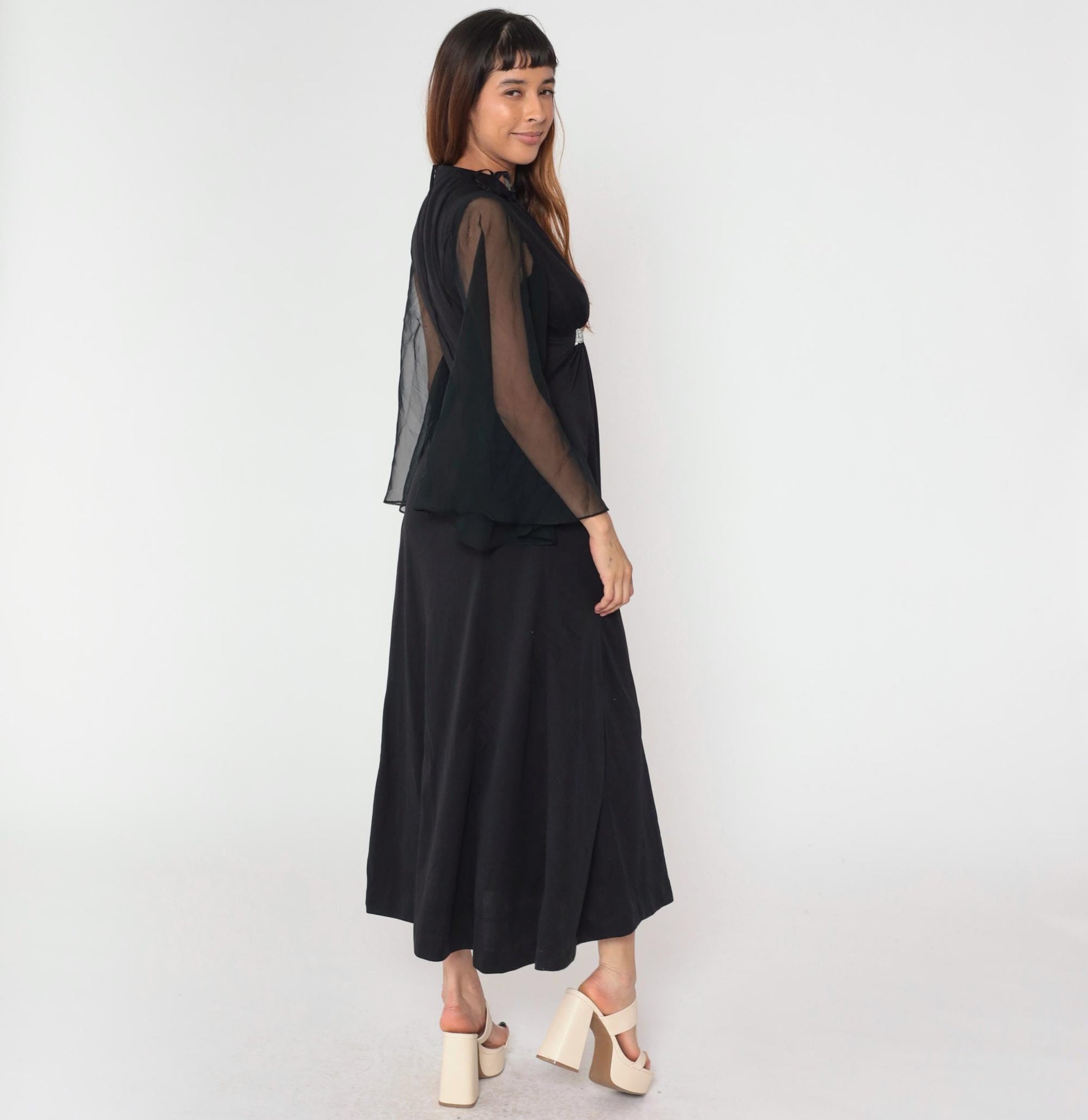 70s Black Chiffon Angel Sleeve Maxi Dress Silver Trim Empire Waist Medium