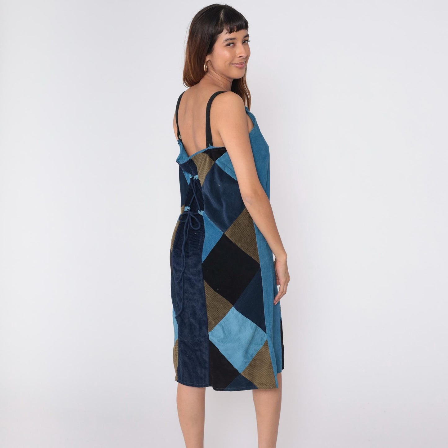 90s Blue Patchwork Corduroy Midi Dress Sleeveless Lace-Up Back Medium