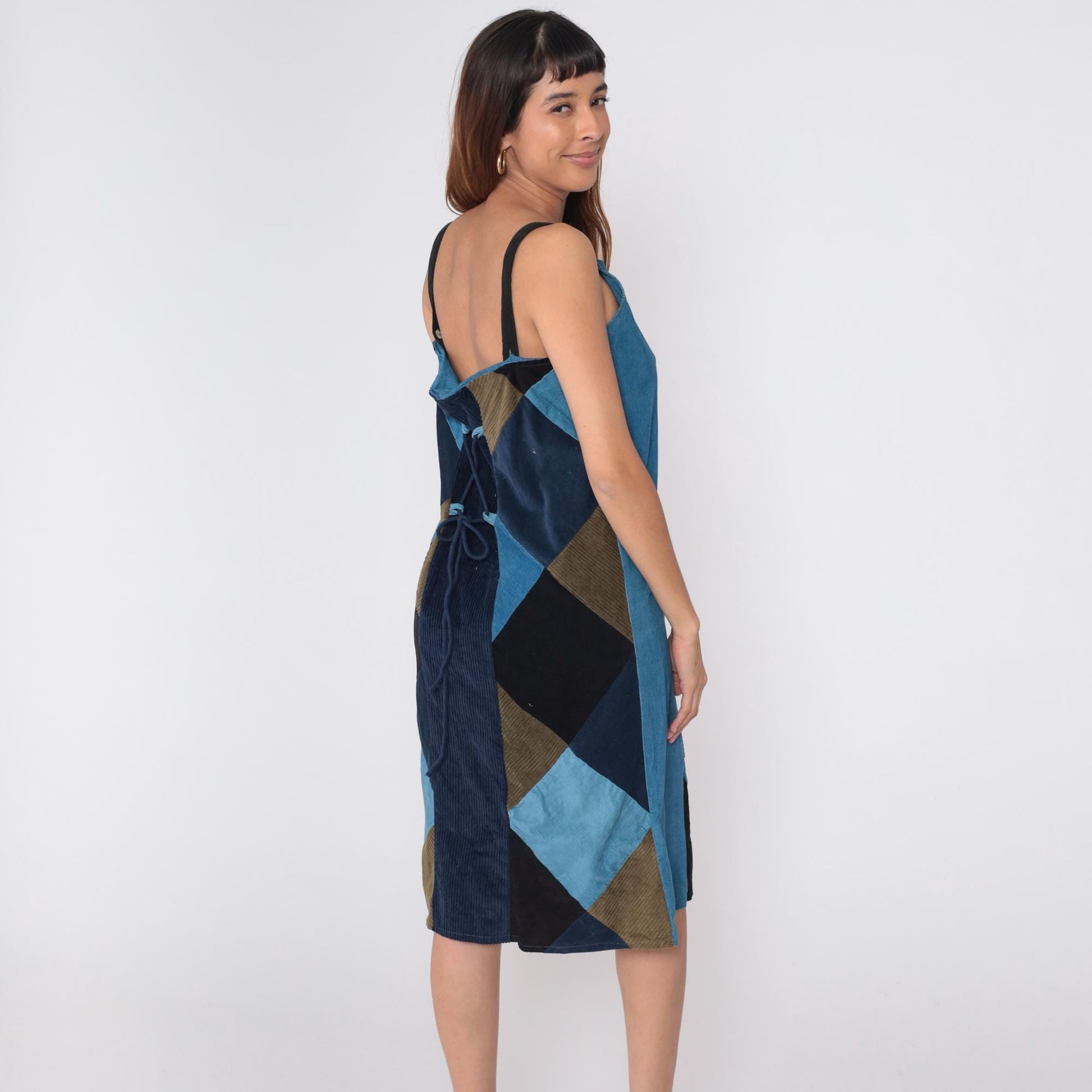 90s Blue Patchwork Corduroy Midi Dress Sleeveless Lace-Up Back Medium