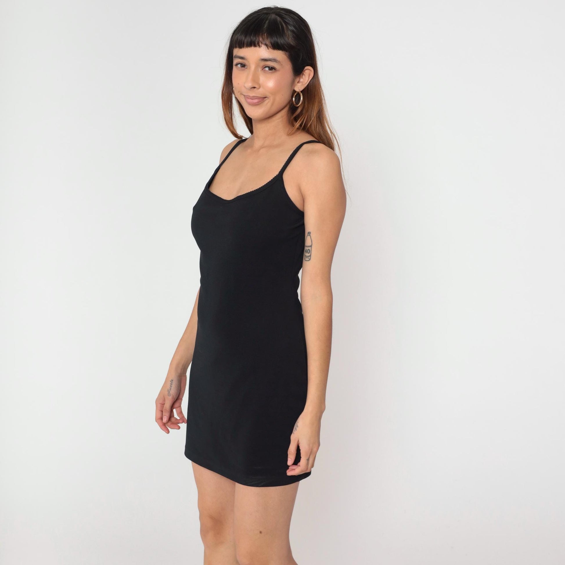 90s Black Bodycon Mini Dress Spaghetti Strap Tank Sleeveless Medium M
