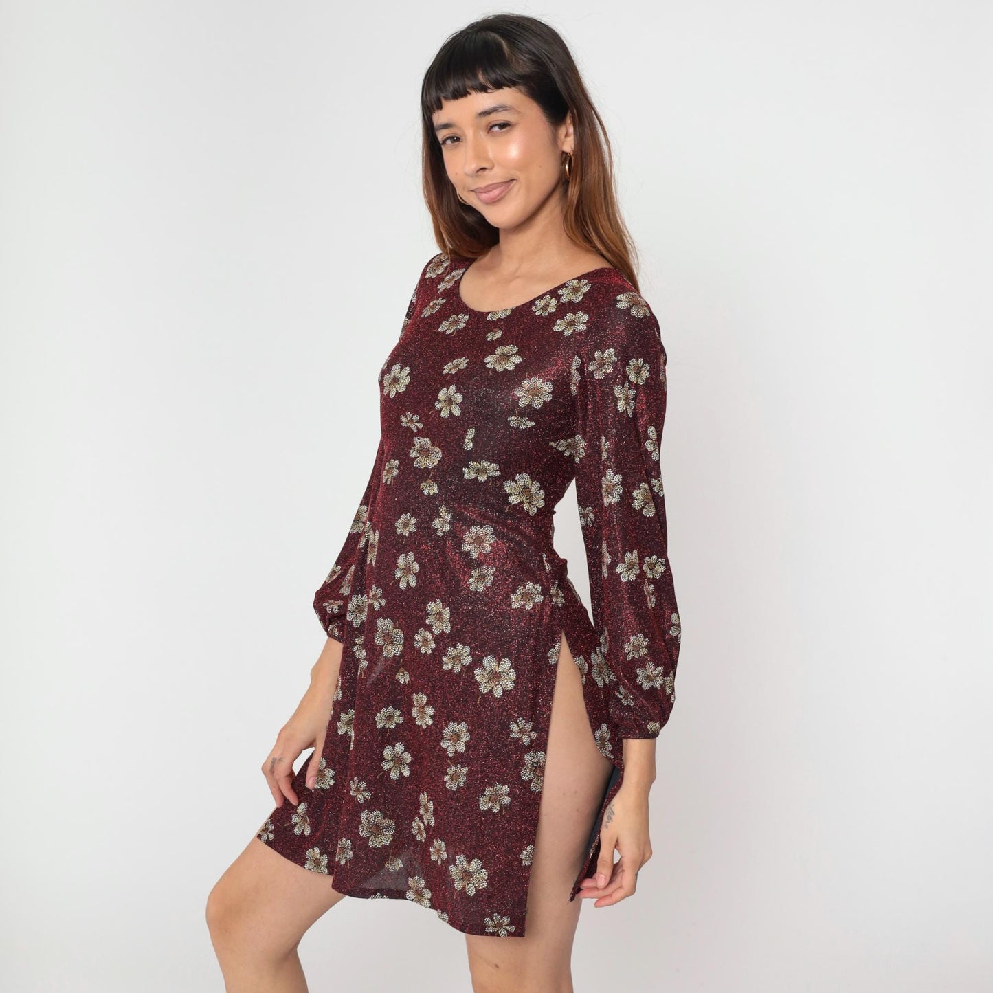 90s Metallic Floral Red Mini Dress High Slit Balloon Sleeve Extra Small