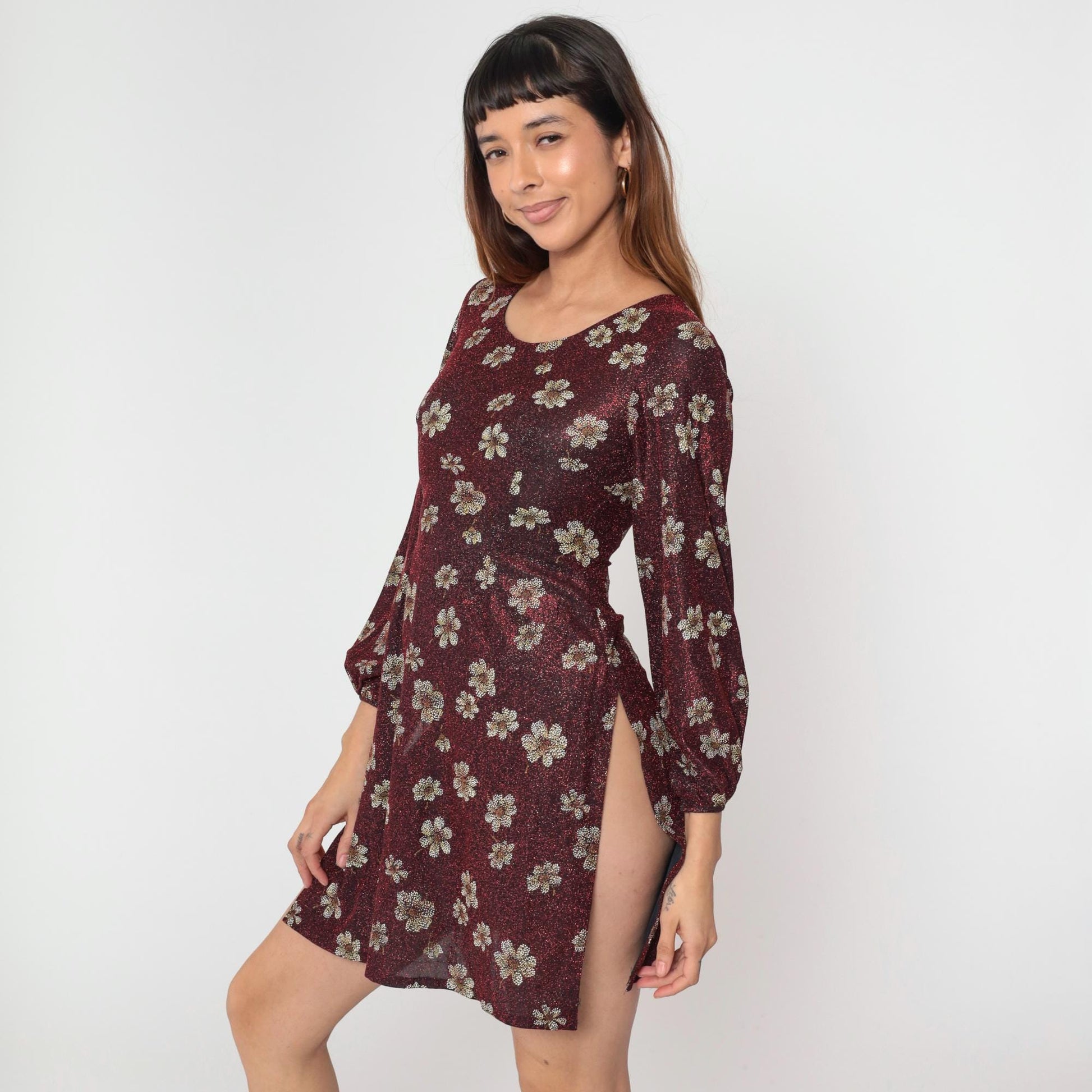 90s Metallic Floral Red Mini Dress High Slit Balloon Sleeve Extra Small