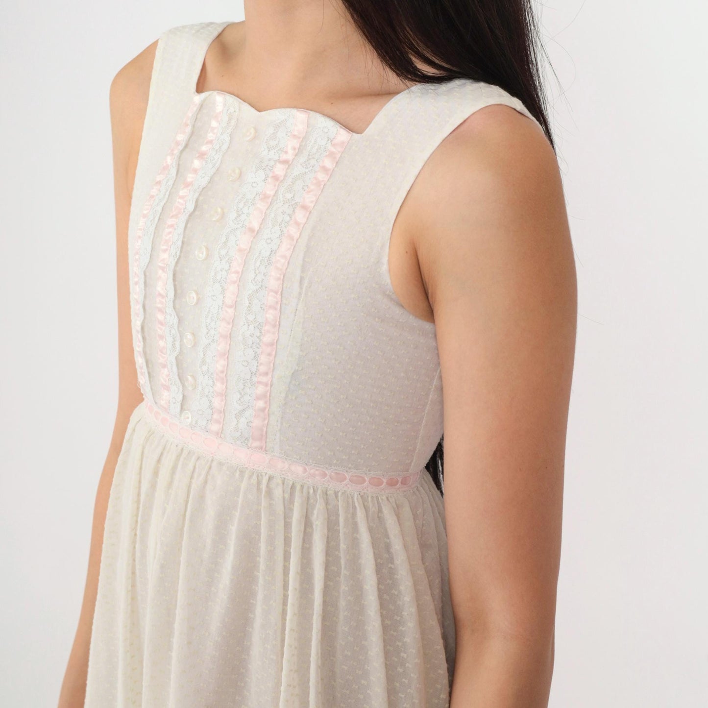 70s White Prairie Midi Dress Empire Waist Tiered Lace Pink Ribbon 2XS